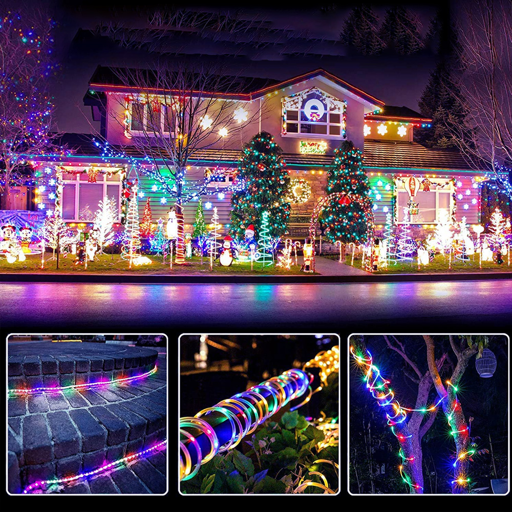 Ein Haus bei Nacht, geschmückt mit bunten Weihnachtslichtern. Enthält Nahaufnahmen von Lichtern auf Stufen, Pflanzen und einem Baum.