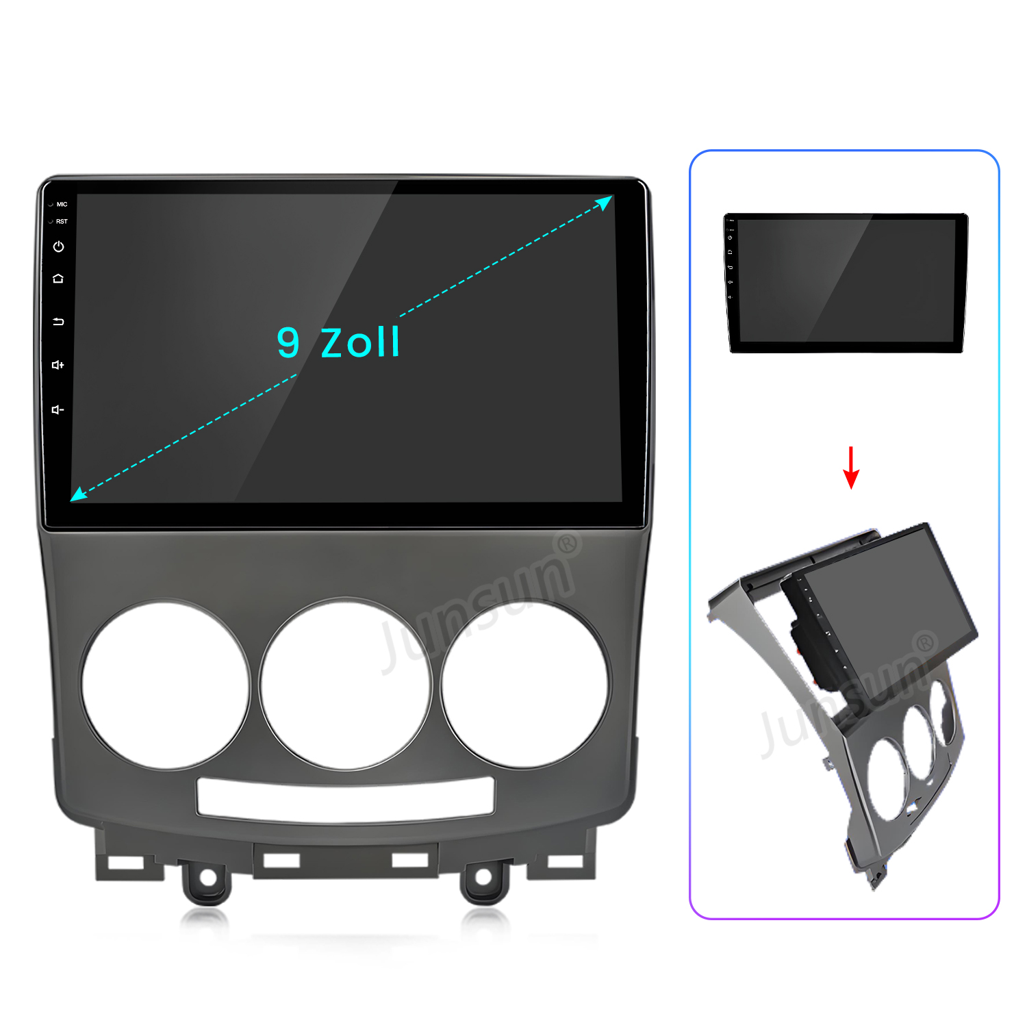 Gezeigt wird ein Autoradio mit 9-Zoll-Bildschirm und eine Abbildung zur Installation. Das Radio ist dunkelgrau mit drei runden Löchern.