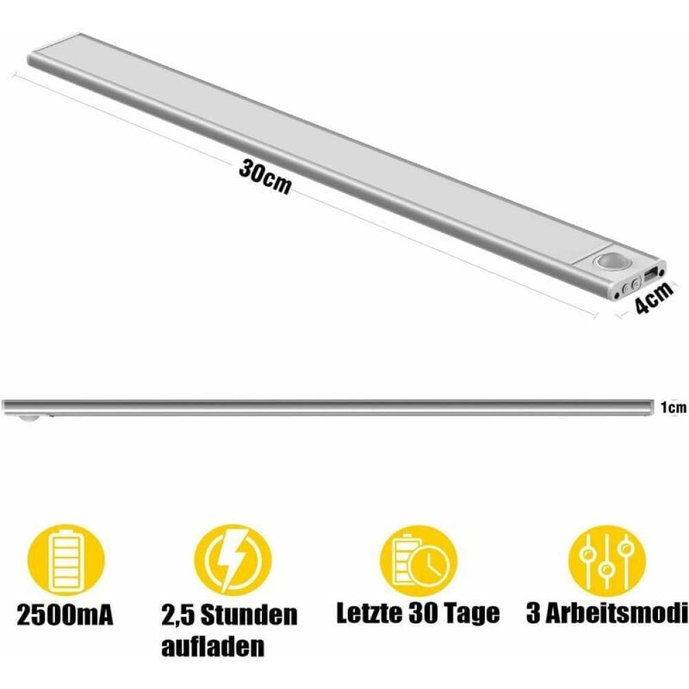 Ein silberner LED-Lichtbalken, 30 cm lang, mit beschrifteten Abmessungen. Darunter Icons mit Text: 2500mA, 2,5 Stunden aufladen und mehr.