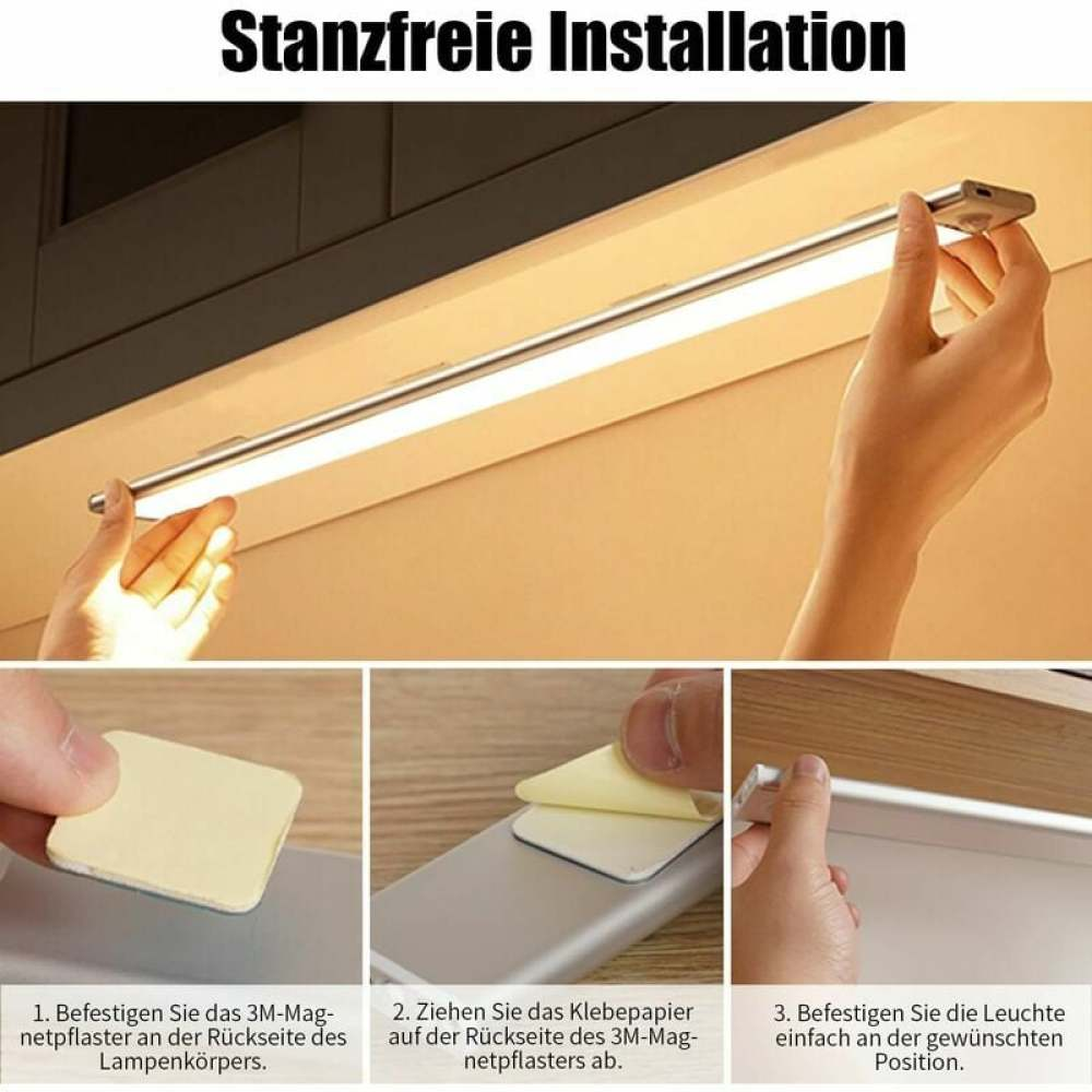 Installationsanleitung: Eine Leuchte wird mit Klebepads unter einem Schrank montiert. Schritte zum Anbringen der Leuchte werden gezeigt.