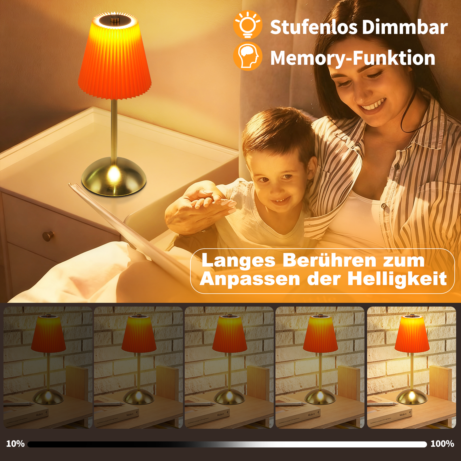 Kobieta i dziecko są blisko lampy stołowej. Lampa ma pomarańczowy klosz. Obraz pokazuje ustawienia jasności.