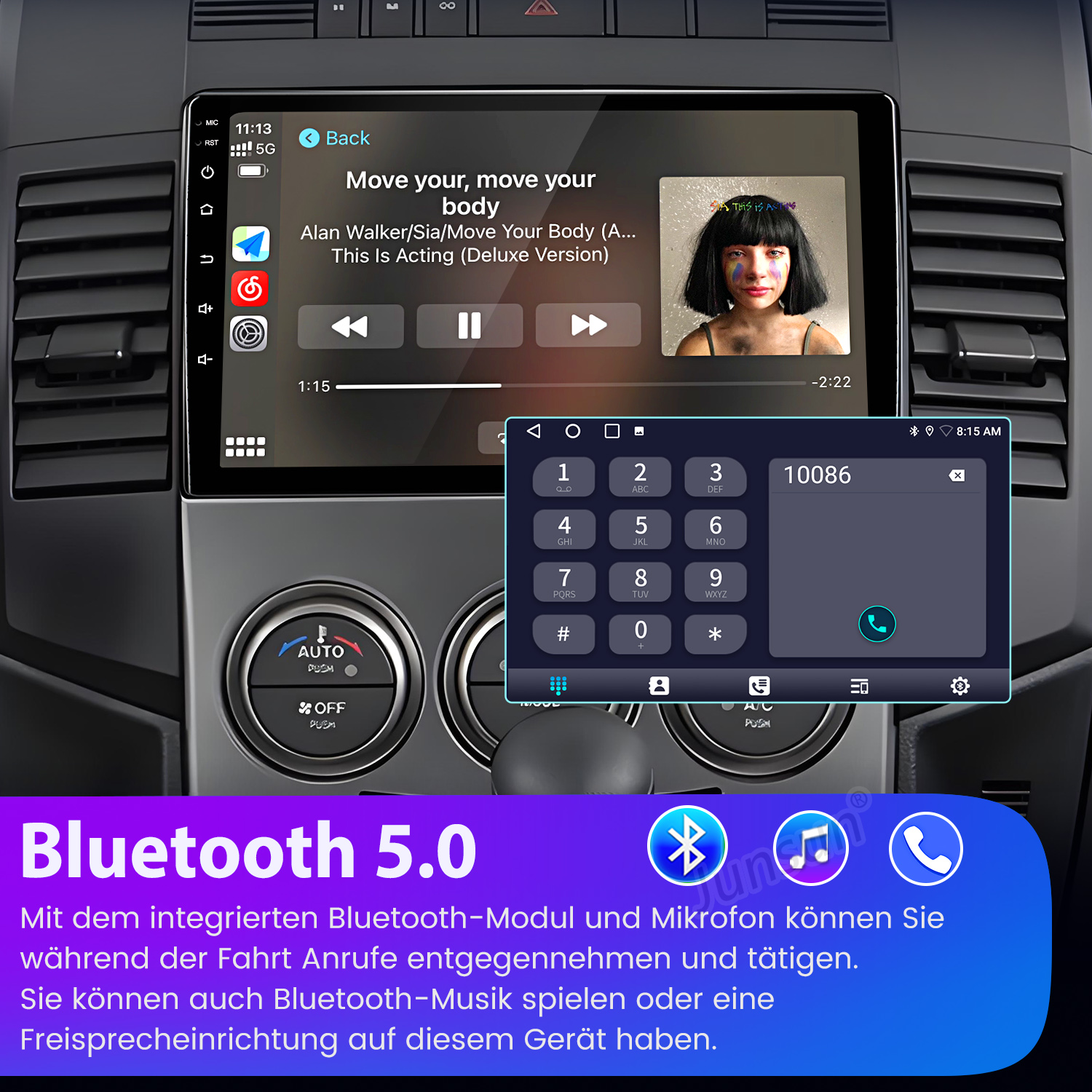 Autoradio-Bildschirm mit Musikplayer, der ein Lied abspielt. Telefontastatur und Bluetooth 5.0-Info sind ebenfalls sichtbar.