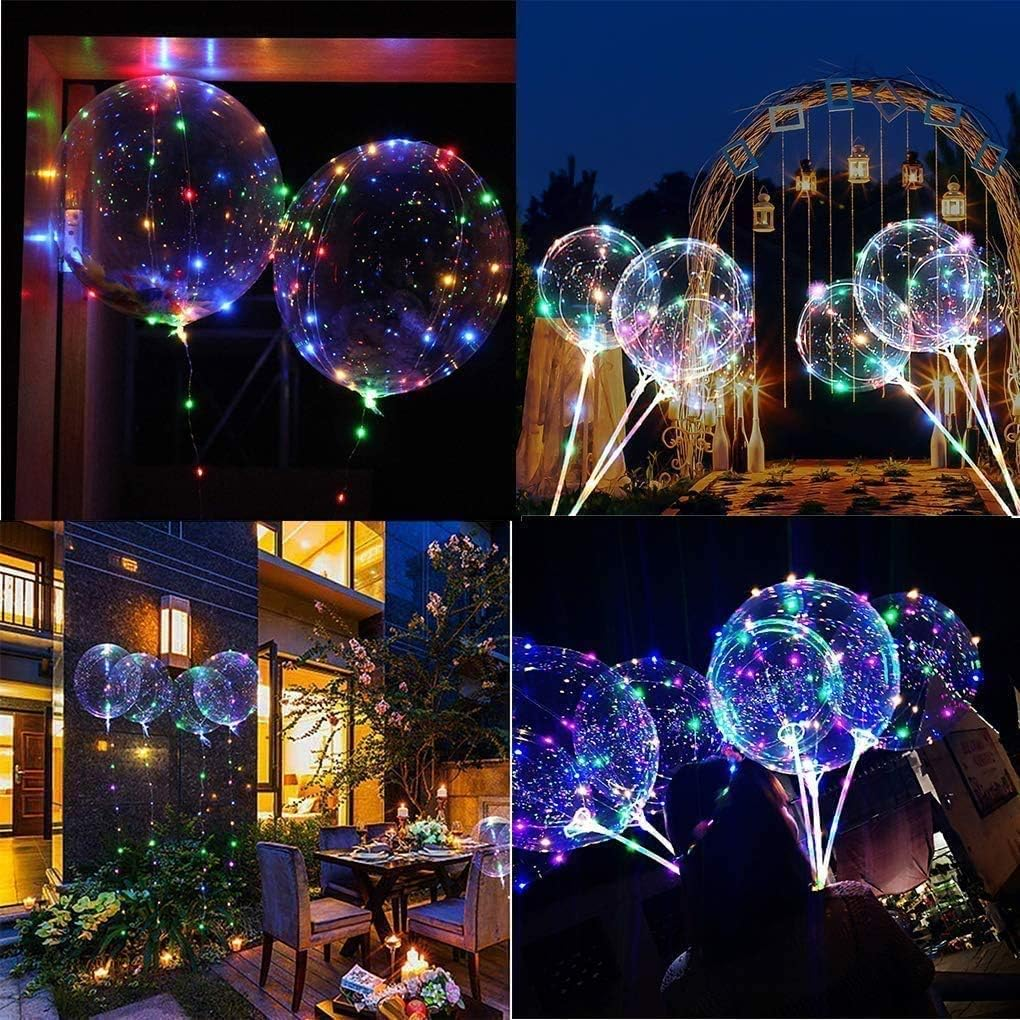 Vier Bilder von transparenten Ballons mit bunten Lichtern. Einige schweben, andere werden gehalten. Die Schauplätze sind draußen und nachts.