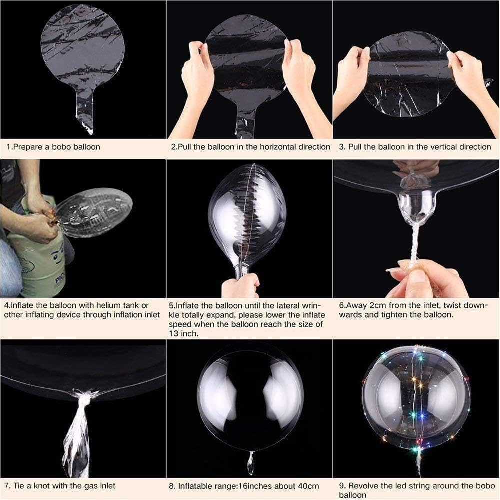 Anleitung zum Aufblasen eines Bobo-Ballons: Vorbereiten, Dehnen, Aufblasen, Verknoten und Hinzufügen einer LED-Schnur.