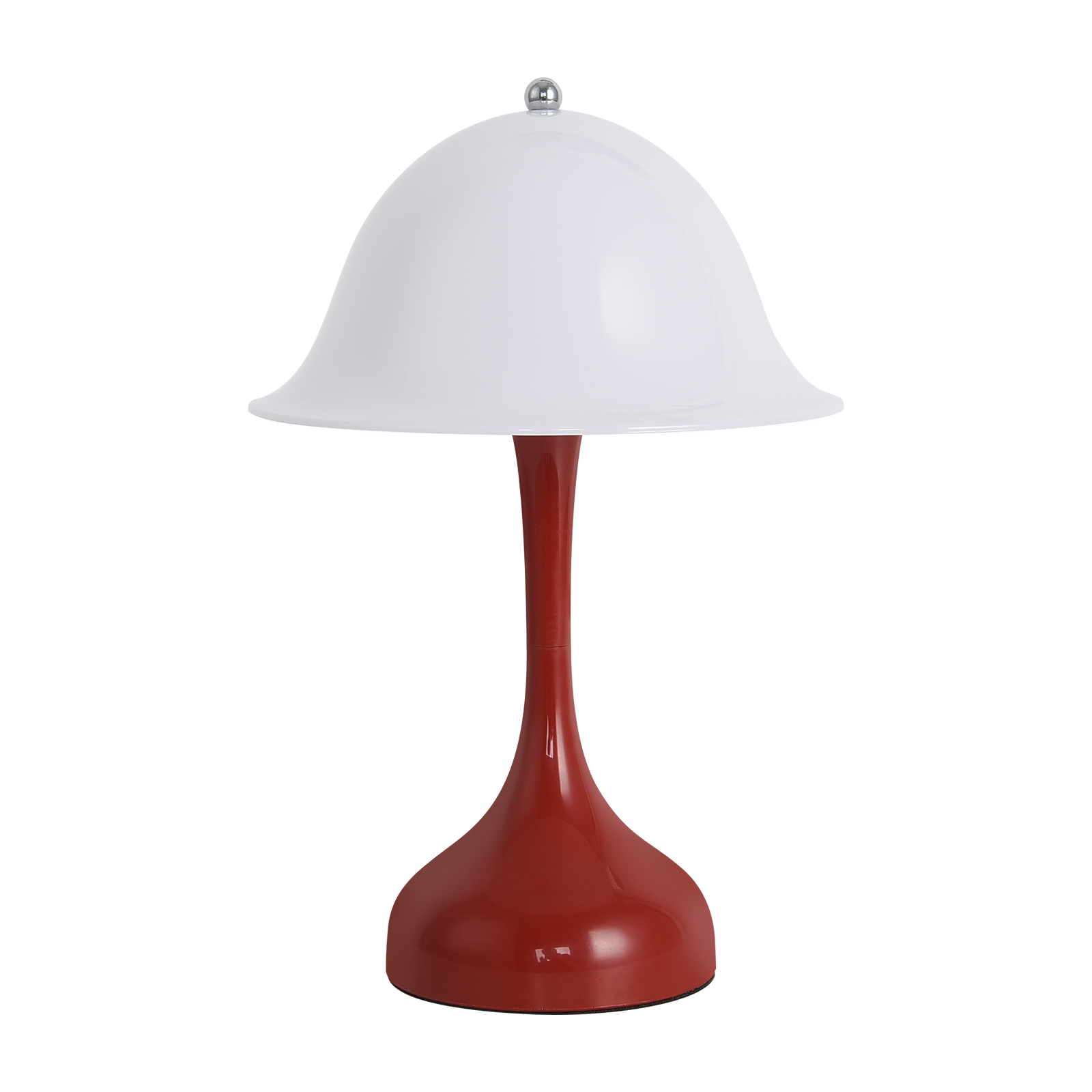 Una lampada da tavolo rossa e bianca con base rotonda, stelo sottile e paralume bianco a forma di cupola.