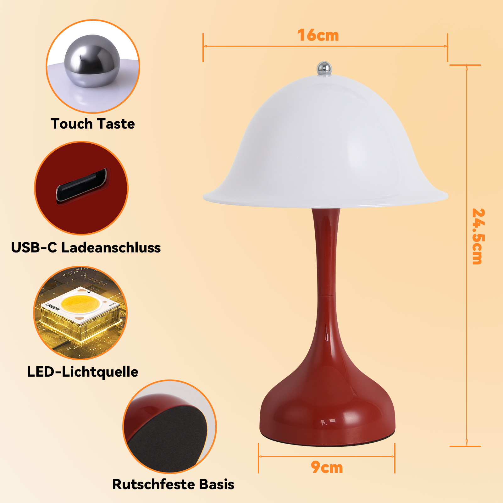 Una lampada da tavolo rossa e bianca con sensore touch, porta USB-C, luce LED e base antiscivolo.