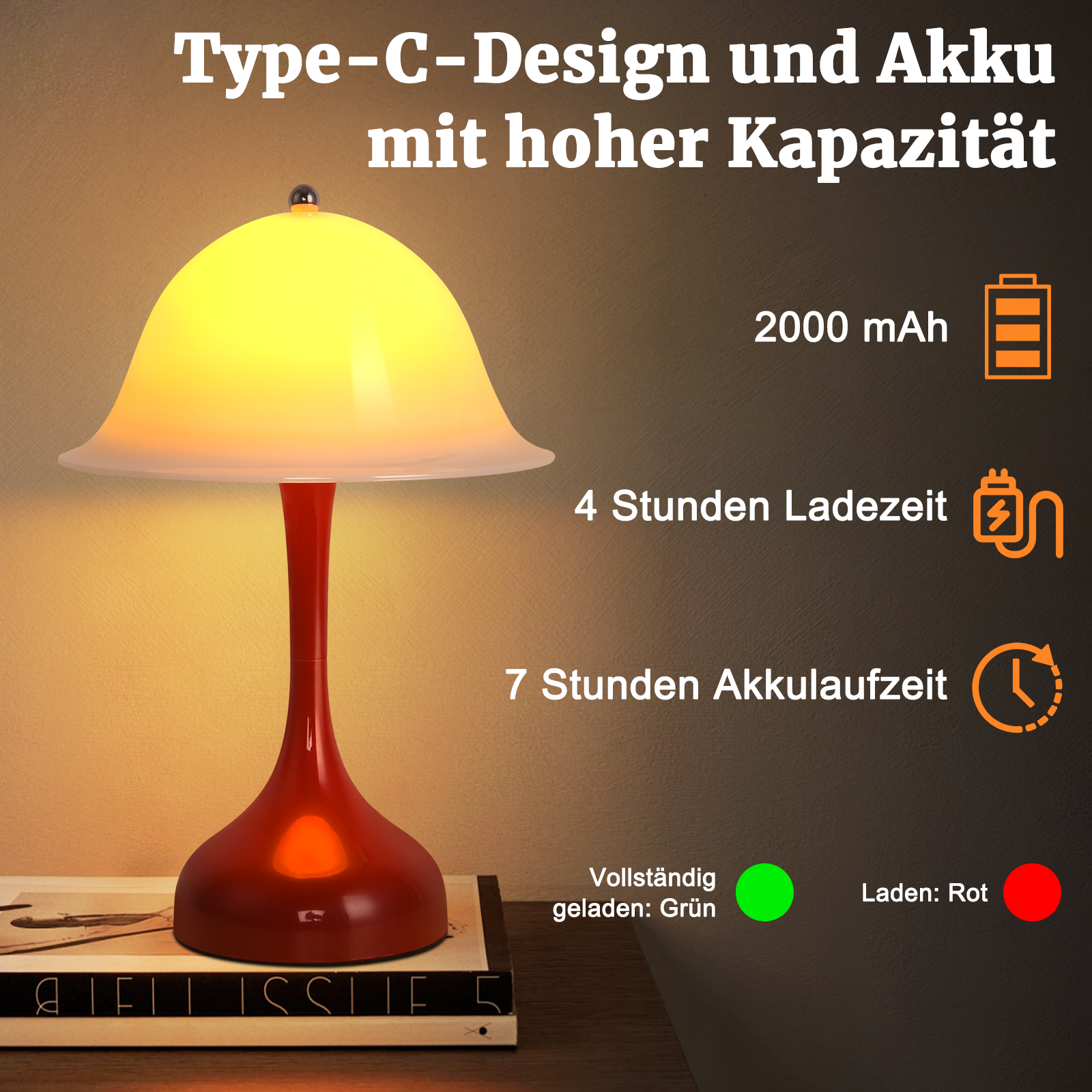 Una lampada rossa con paralume giallo è su un tavolo. Il testo dice che ha una batteria da 2000 mAh, 4 ore di carica e 7 ore di autonomia.