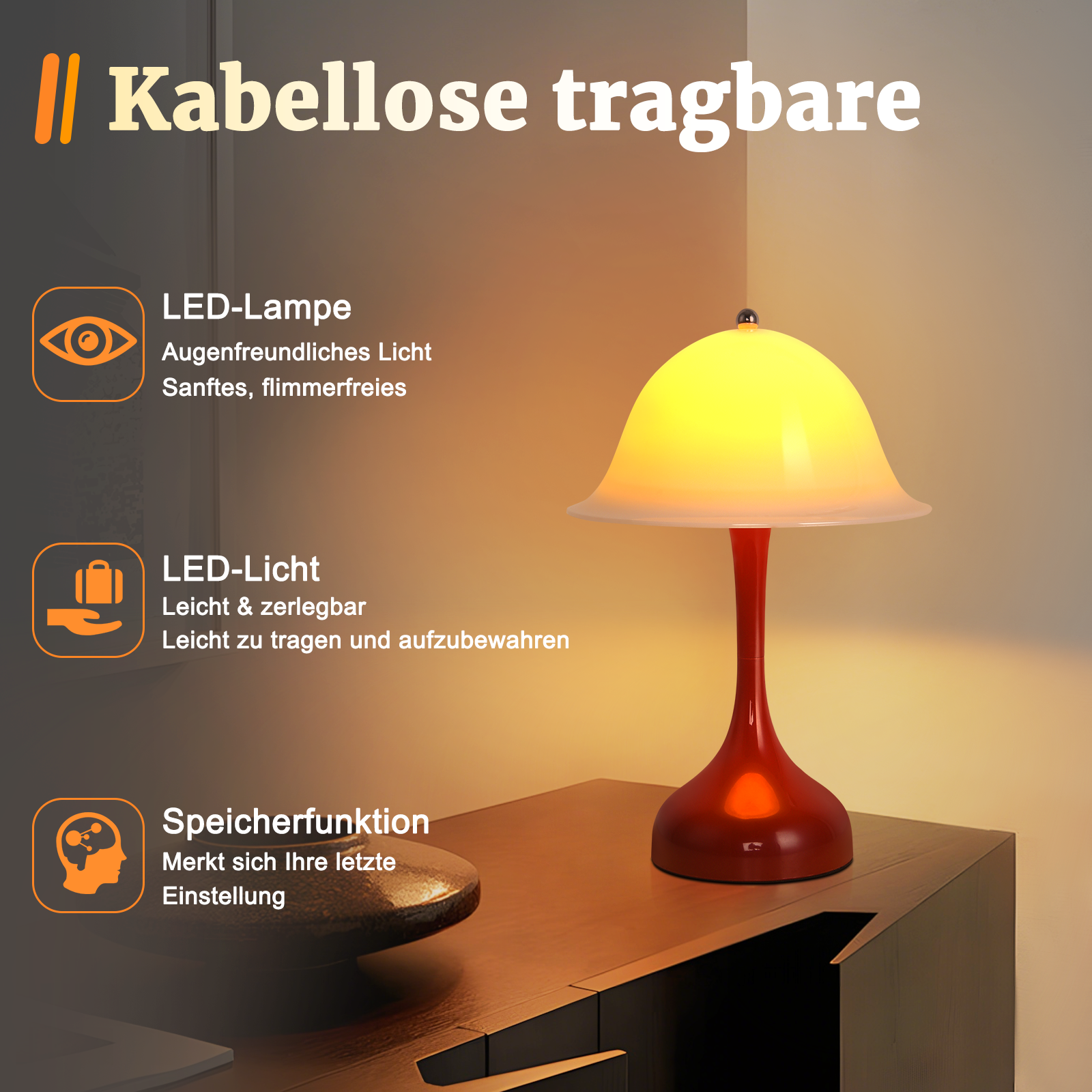 Lampada rossa con paralume giallo su tavolo di legno. Testo tedesco descrive le caratteristiche.