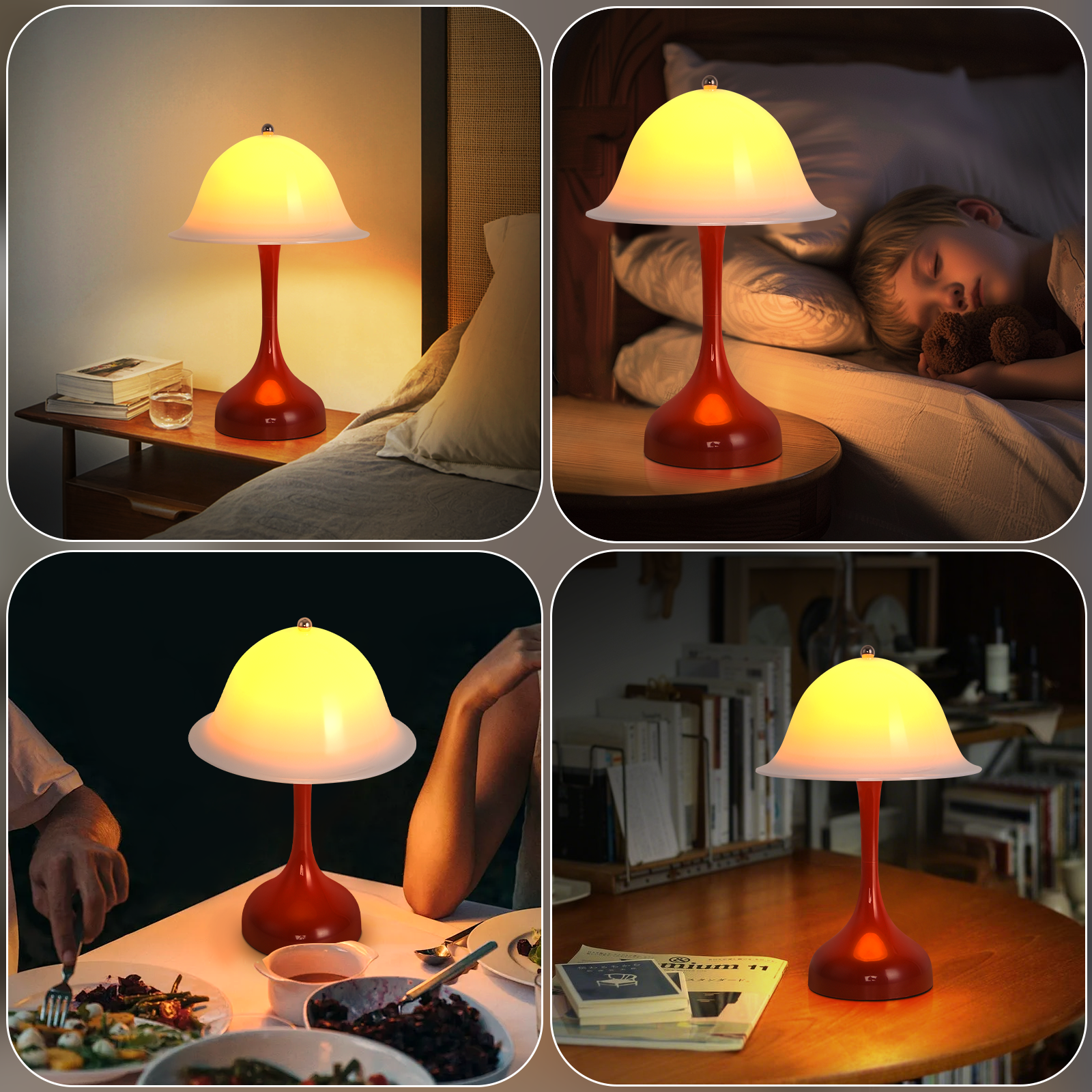 Una lampada rossa con bagliore giallo è su un tavolo. La lampada è in quattro ambienti diversi.