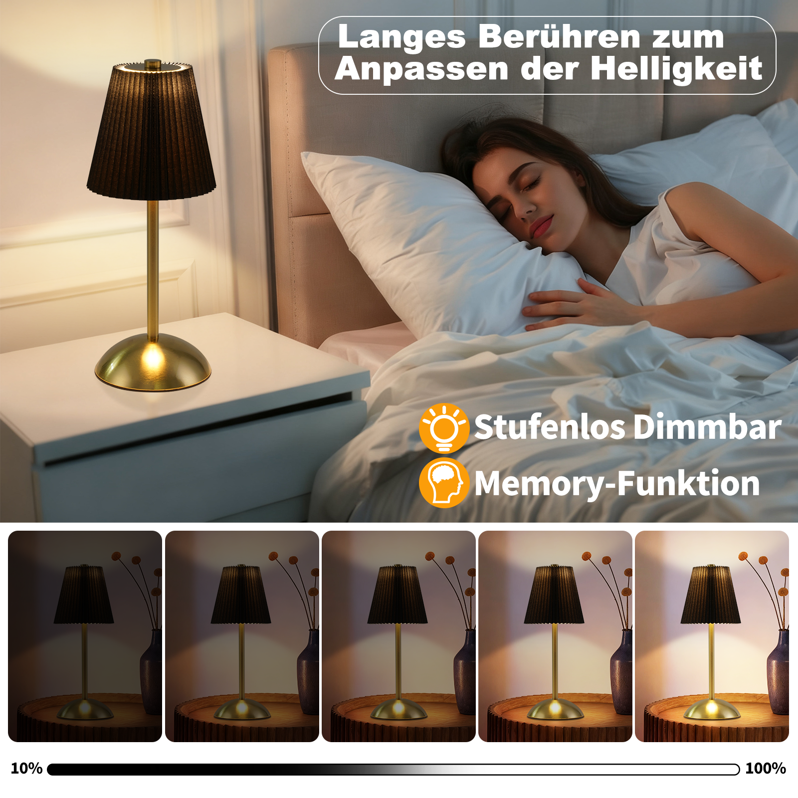 Kobieta śpi obok lampy na stoliku nocnym. Jasność lampy jest regulowana. Wyróżniono funkcje ściemniania i pamięci.
