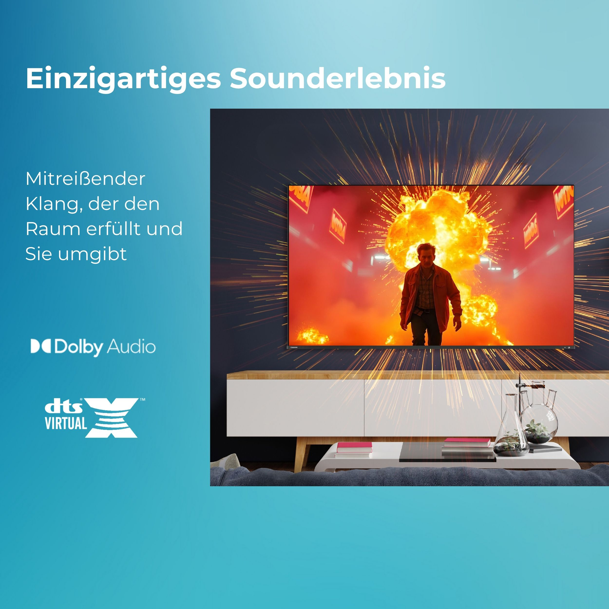 Fernseher mit Explosion. Text: 'Einzigartiges Sounderlebnis'. Logos: Dolby Audio und dts Virtual:X.