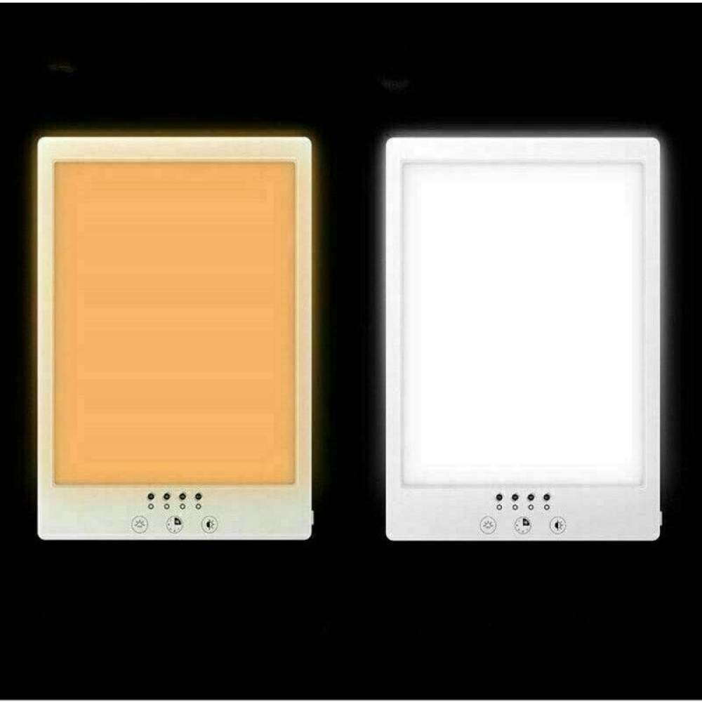 Zwei rechteckige Lichttherapielampen. Eine emittiert orangefarbenes Licht, die andere weißes. Beide haben Knöpfe unten.
