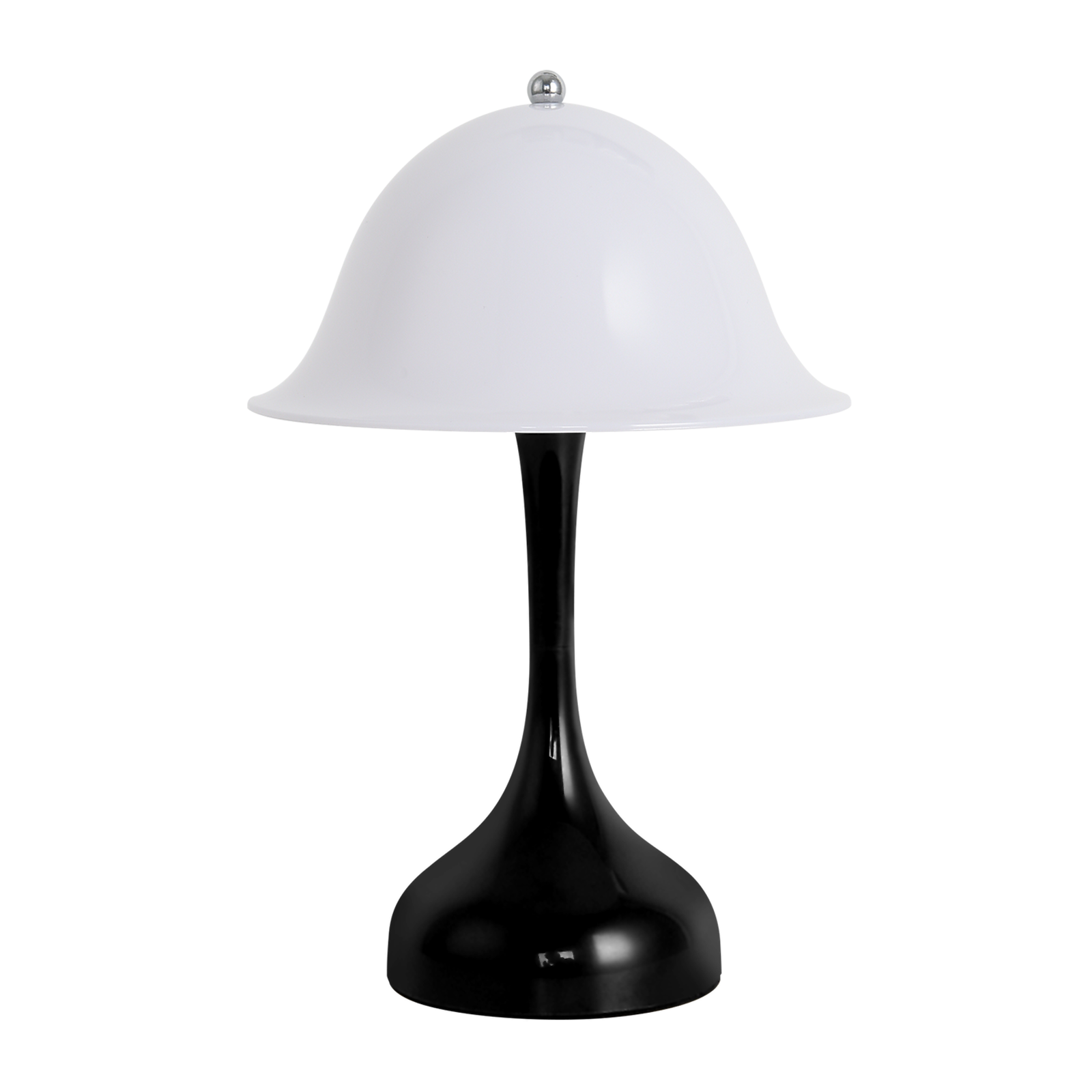 Nowoczesna lampa z białym kloszem, czarną podstawą i trzonem na białym tle.