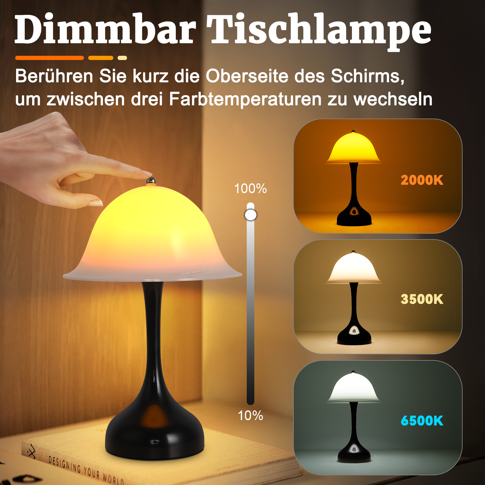 Lampa dotykowa z trzema ustawieniami światła. Ręka dotyka lampy. Intensywność światła regulowana od 10% do 100%.