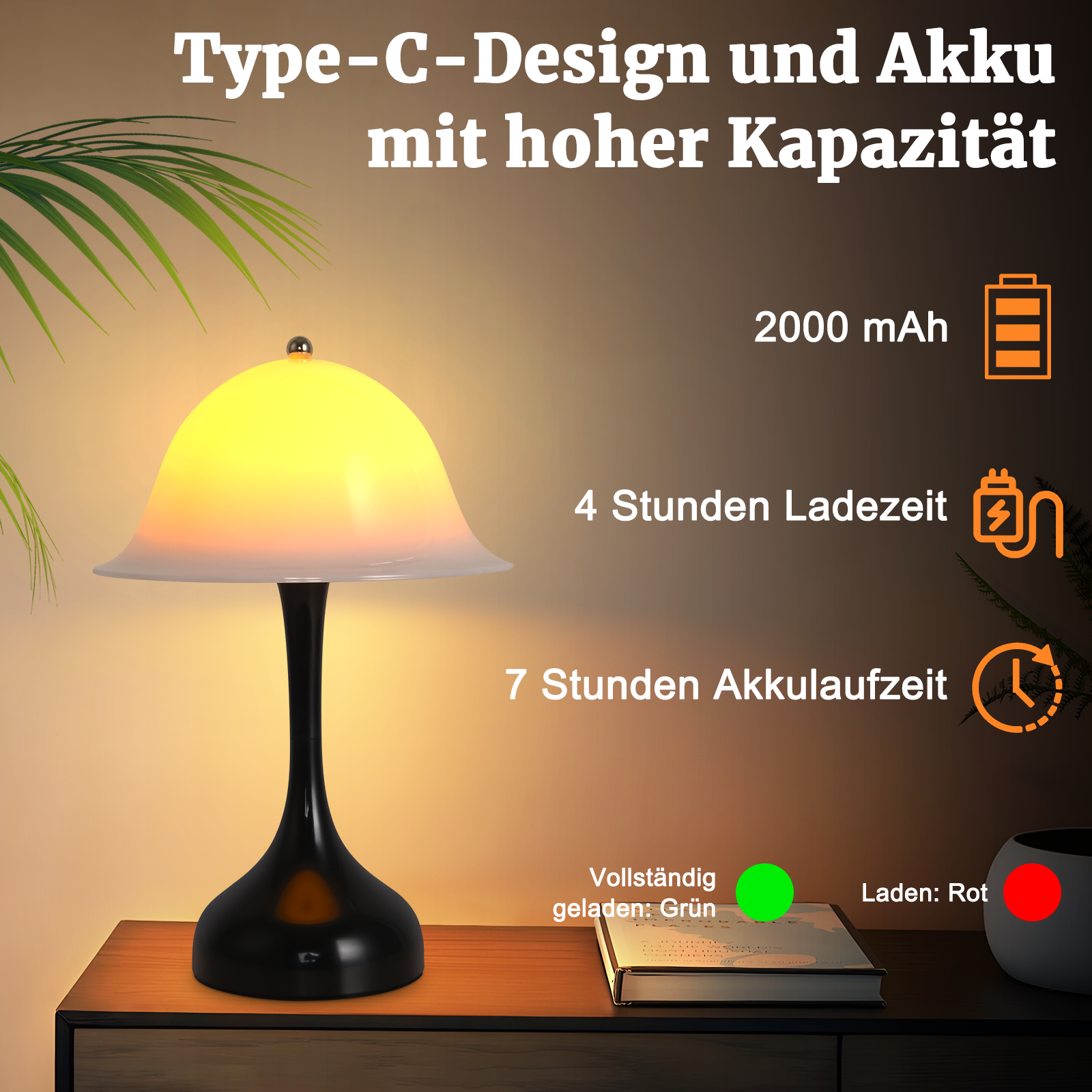 Nowoczesna lampa z żółtym kloszem stoi na stole. Tekst wyświetla pojemność baterii, czas ładowania i wskaźnik ładowania.
