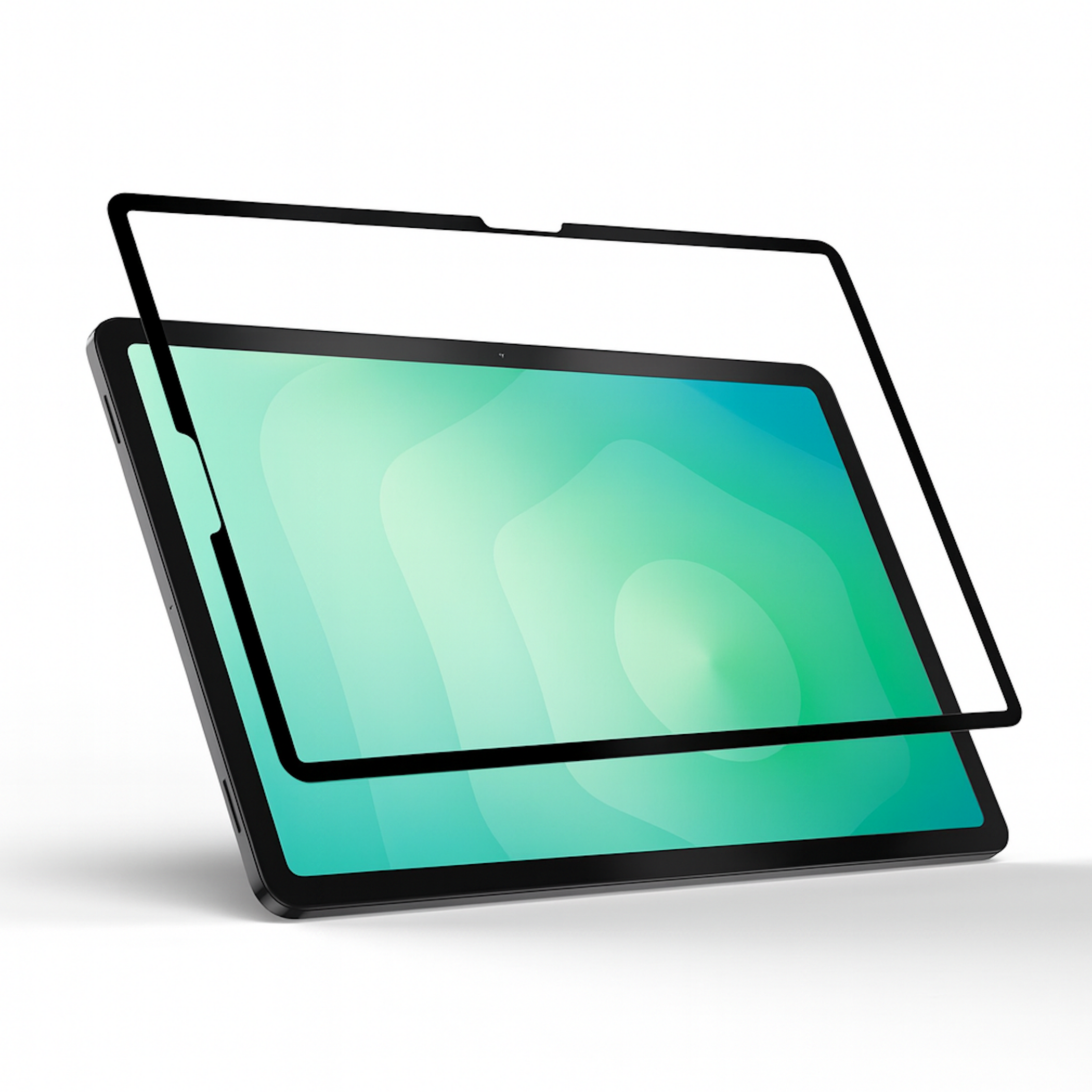 Ein Tablet mit Displayschutzfolie. Das Tablet ist schwarz, mit grün-blauem Display. Der Schutz ist schwarz.
