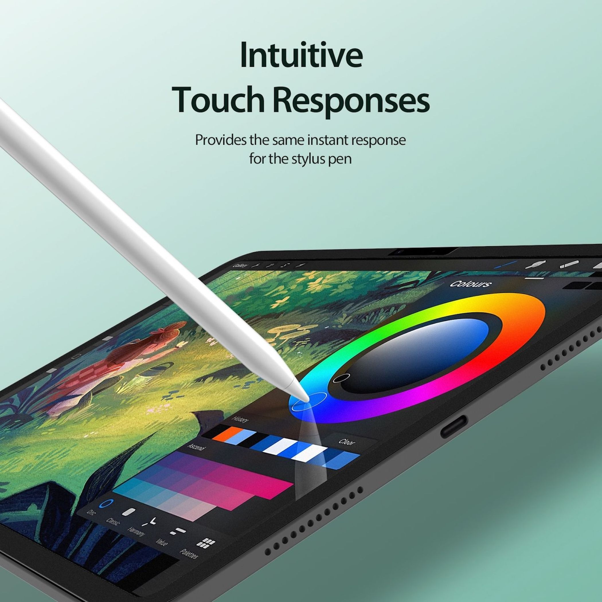 Ein Tablet mit Stift, das eine Farbpalette und Kunstwerke zeigt. Der Text lautet 'Intuitive Touch Responses'.
