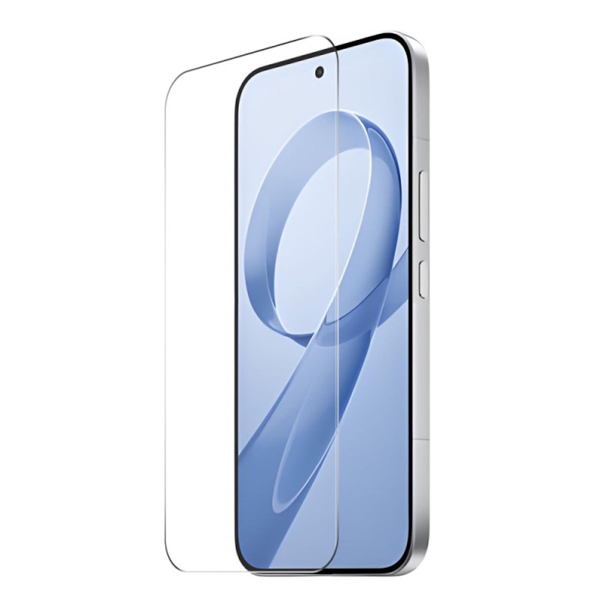 Uno smartphone con protezione schermo. Il telefono è argento, lo schermo mostra curve blu. La protezione è trasparente.