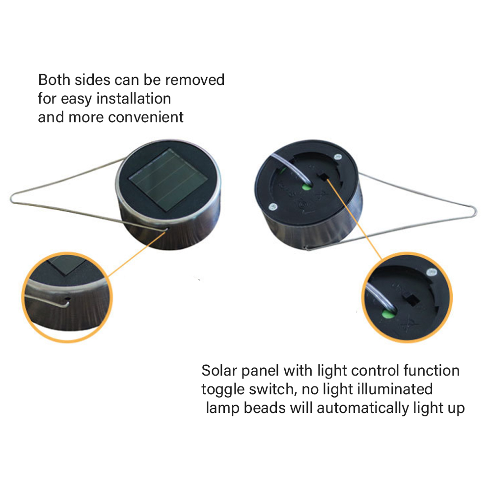 Zwei Solarmodul-Einheiten mit Drähten. Eines zeigt das Solarpanel, das andere die Innenteile. Text erklärt die Funktionen.