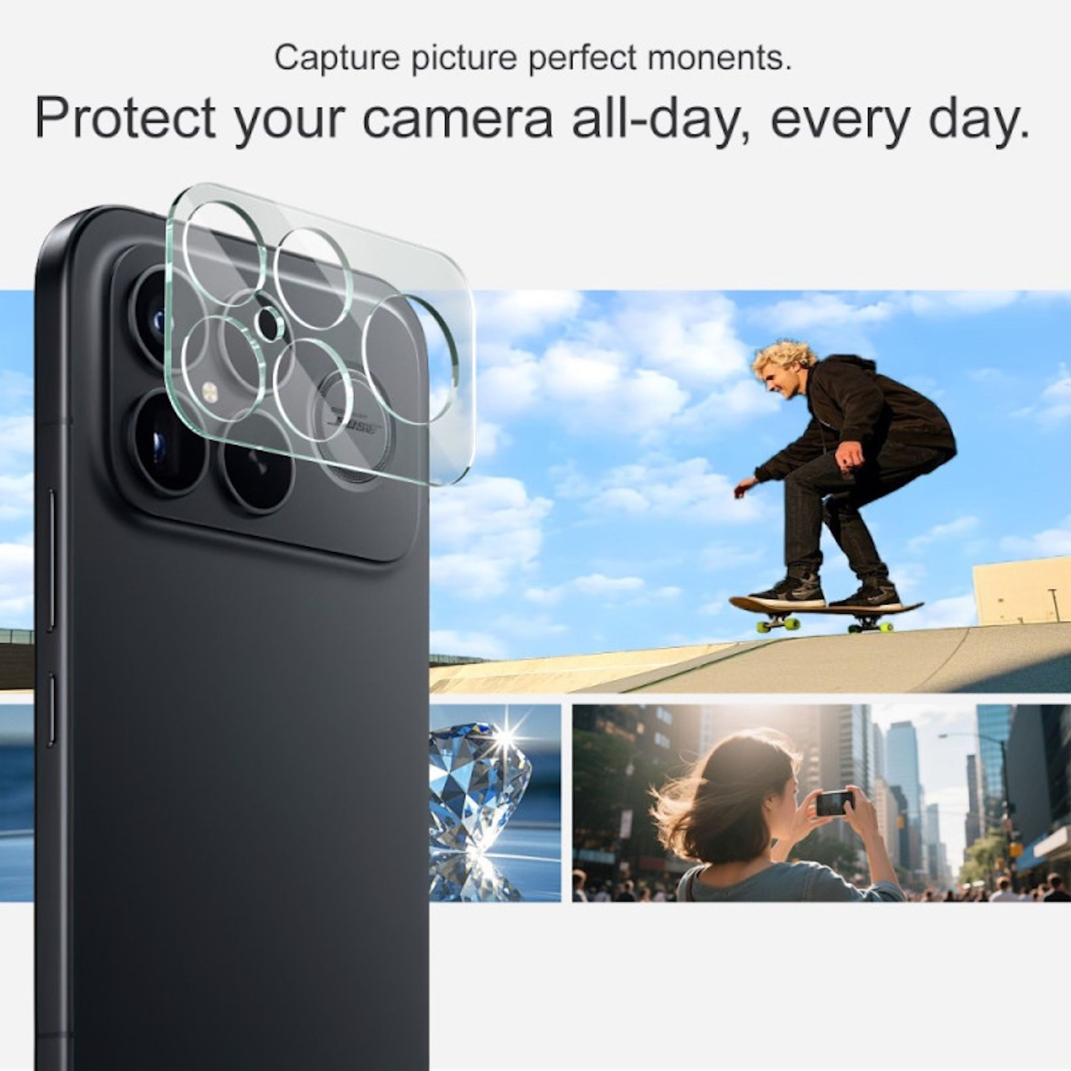 L'immagine mostra un telefono con protezione per fotocamera, uno skater in azione, un diamante e una donna che scatta una foto.