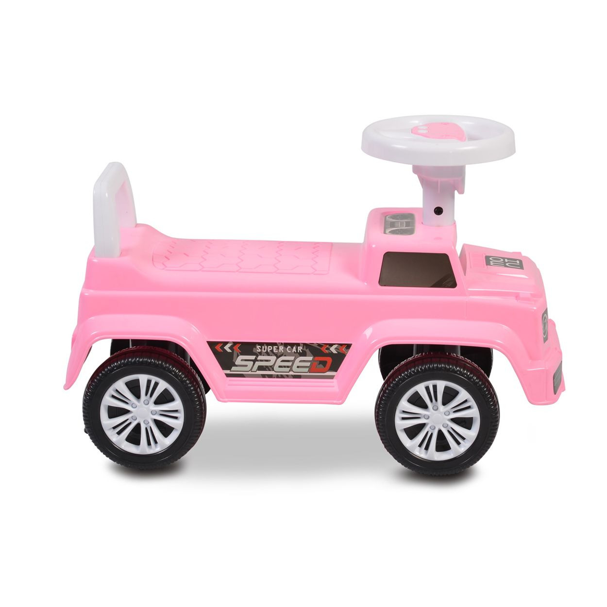 Rosa Spielzeugauto mit weißen Rädern und Lenkrad. Es hat einen Sitz und die Worte 'SUPER CAR SPEED' an der Seite.