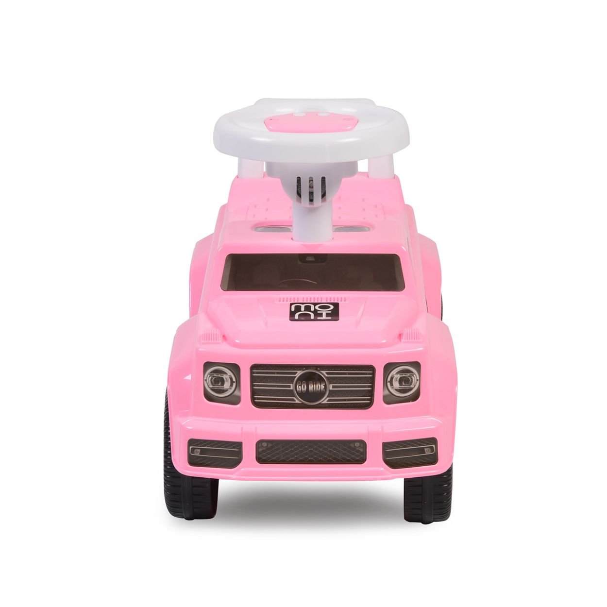 Ein rosa Spielzeugauto mit weißem Lenkrad. Es hat schwarze Räder und die Worte 'GO RIDE' sind sichtbar.