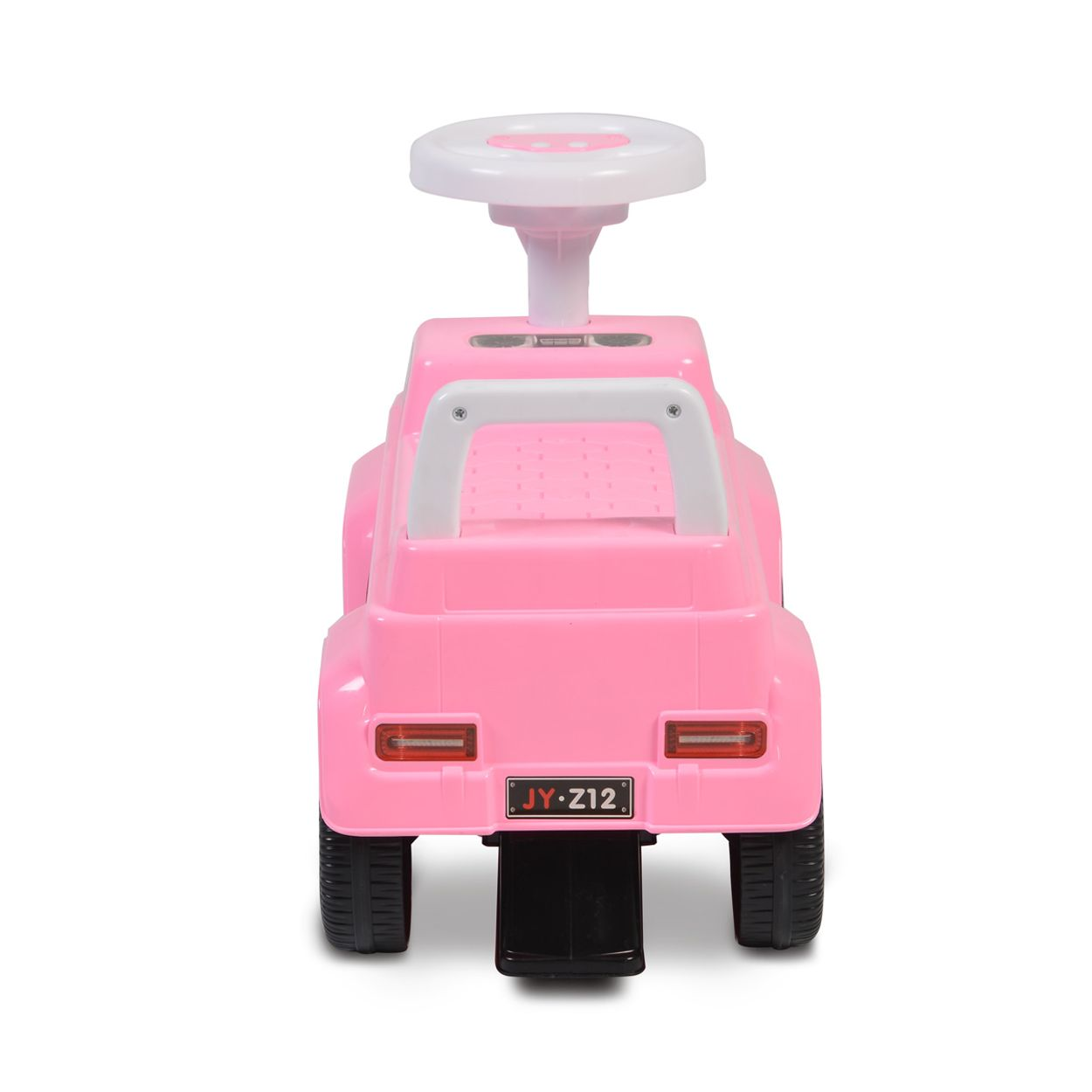 Ein rosa Spielzeugauto mit weißem Griff und Lenkrad. Es hat schwarze Räder und ein schwarzes Schild mit der Aufschrift JY-Z12.