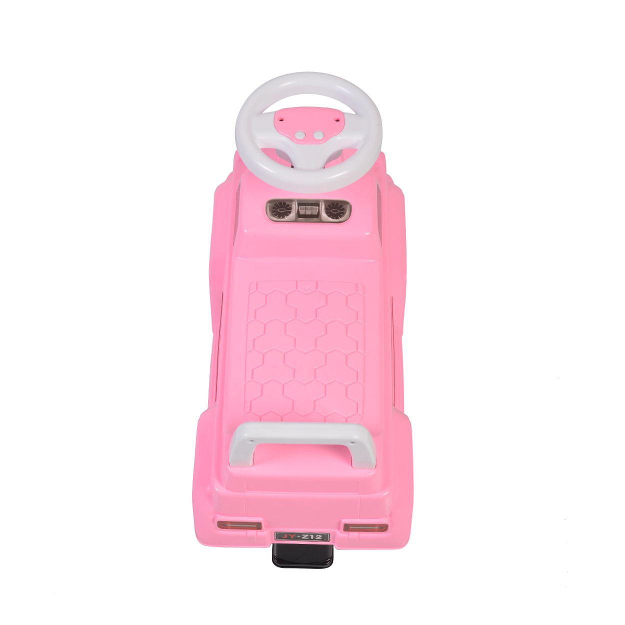 Ein rosa Spielzeugauto mit weißem Lenkrad. Details umfassen Scheinwerfer, einen Griff und ein dekoratives Muster auf der Oberfläche.