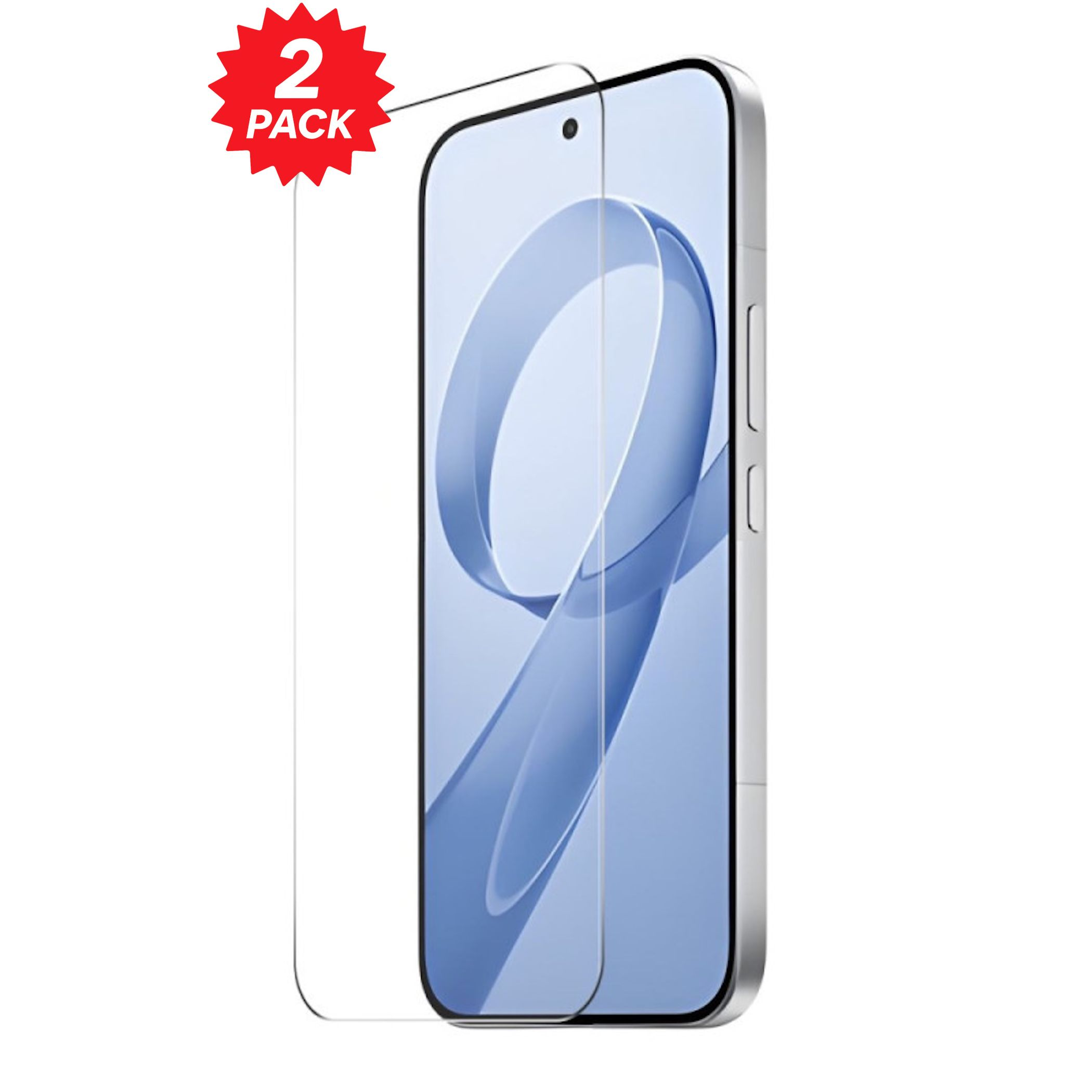 Uno smartphone con una protezione schermo e un adesivo '2 PACK'. Il telefono è argento, lo schermo è blu.