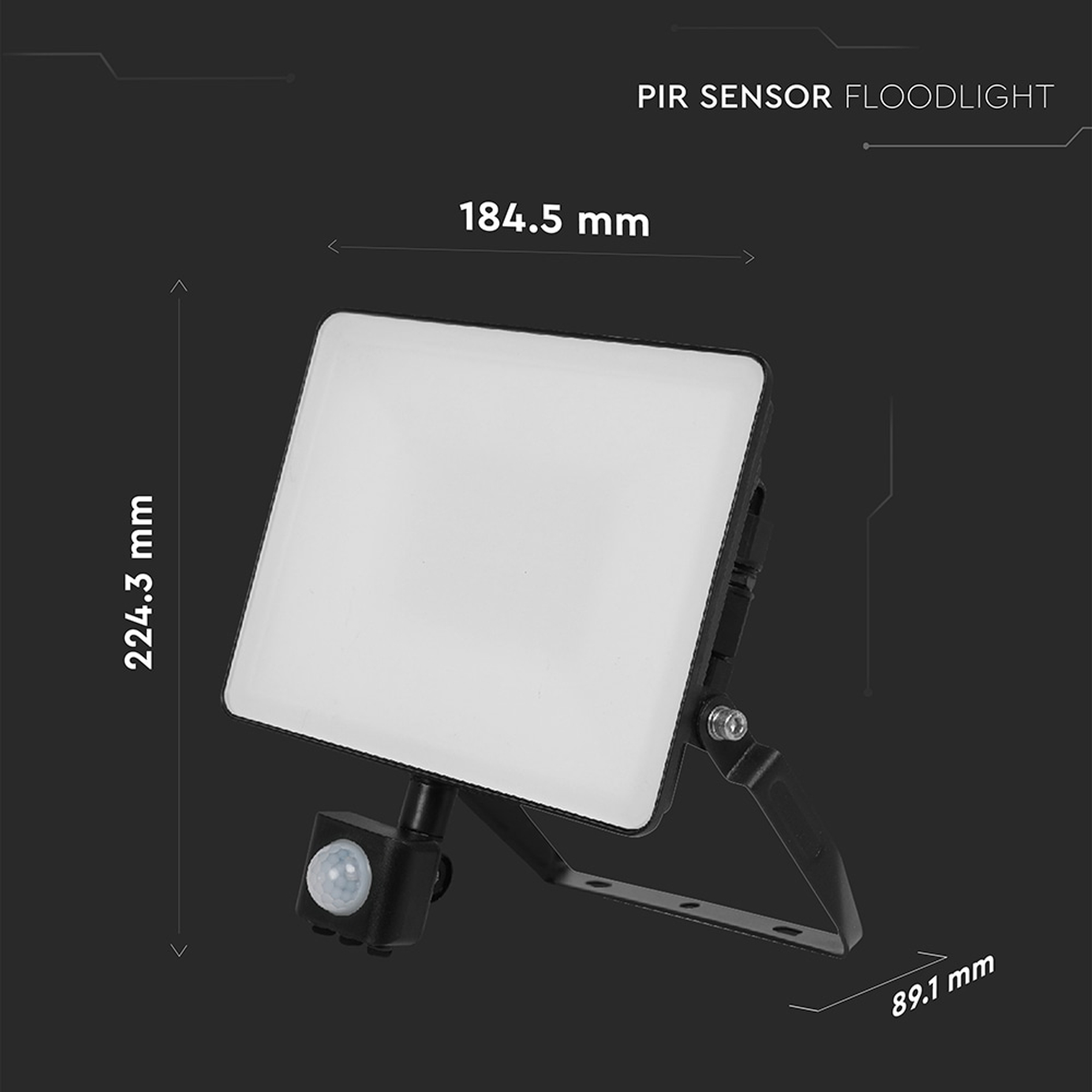 Ein PIR-Sensor-Flutlicht, schwarzer Rahmen, weißes Licht und Abmessungen: 184,5 mm x 224,3 mm x 89,1 mm, vor dunklem Hintergrund.