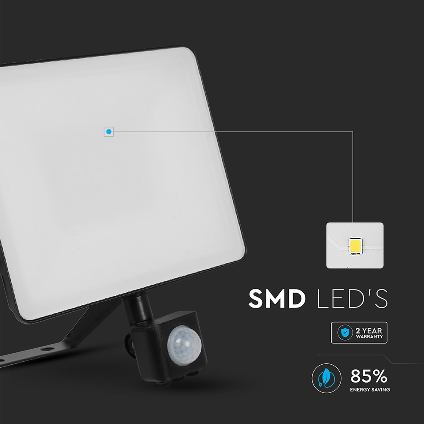 LED-Flutlicht mit Bewegungsmelder. Weißes Lichtpanel und schwarzer Sensor. Text: 'SMD-LEDs', '2 Jahre Garantie' und '85 % Energieeinsparung'.