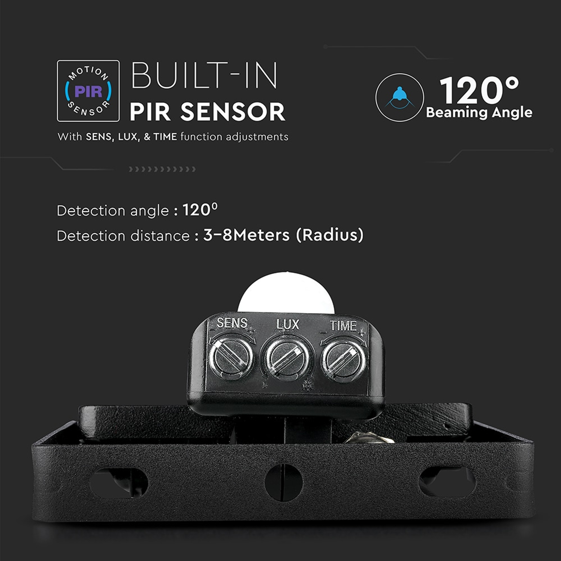 Schwarzer PIR-Sensor mit Drehreglern für SENS, LUX und TIME. Er hat einen Abstrahlwinkel von 120 Grad und einen Erfassungswinkel von 120 Grad.