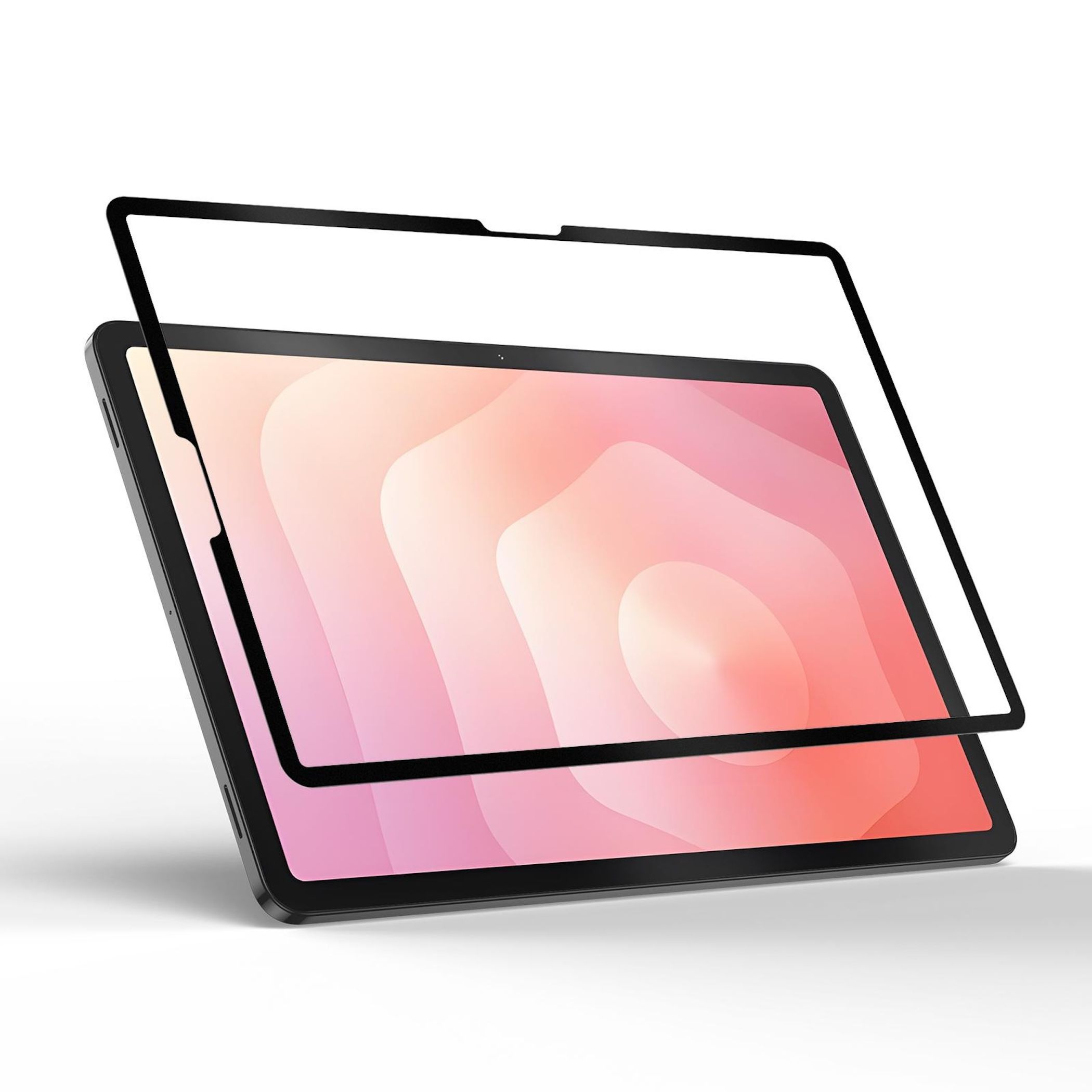 Ein Tablet mit Displayschutzfolie. Das Tablet ist schwarz, der Bildschirm zeigt einen rosa Farbverlauf. Der Schutz ist schwarz.