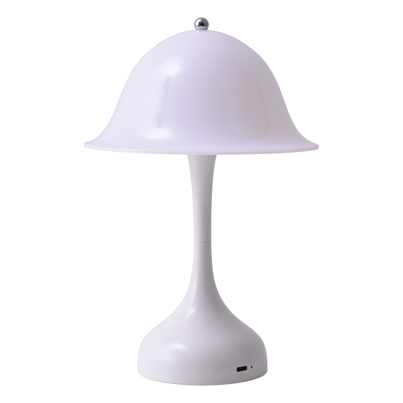 Biała lampa stołowa w kształcie grzyba ze srebrnym wierzchem. Stoi na białej powierzchni.