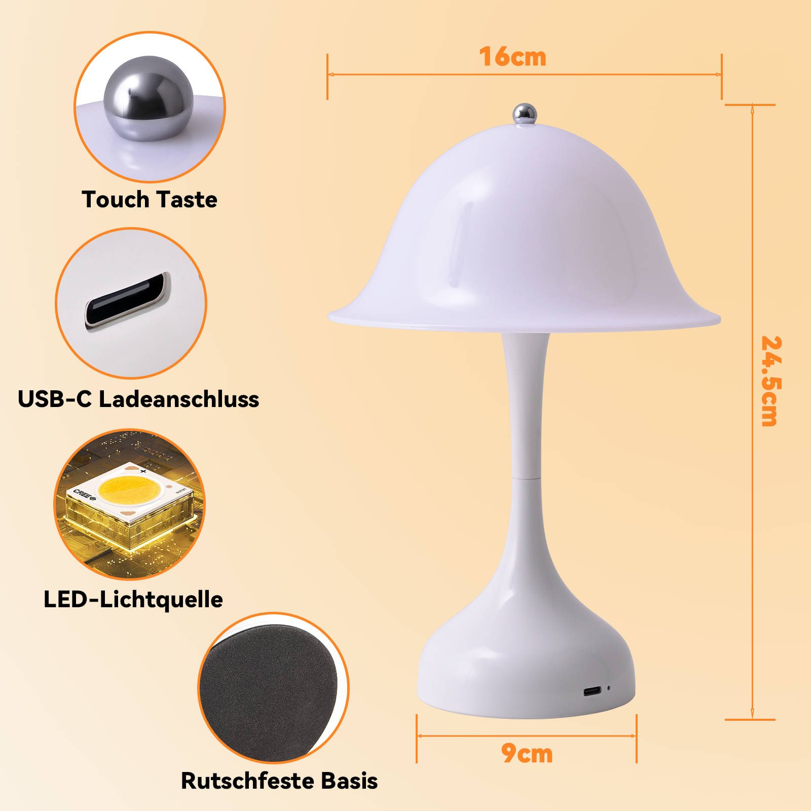 Biała lampa w kształcie grzyba z wymiarami. Zawiera szczegóły takie jak dotyk, USB-C, źródło światła LED i antypoślizgowa podstawa.