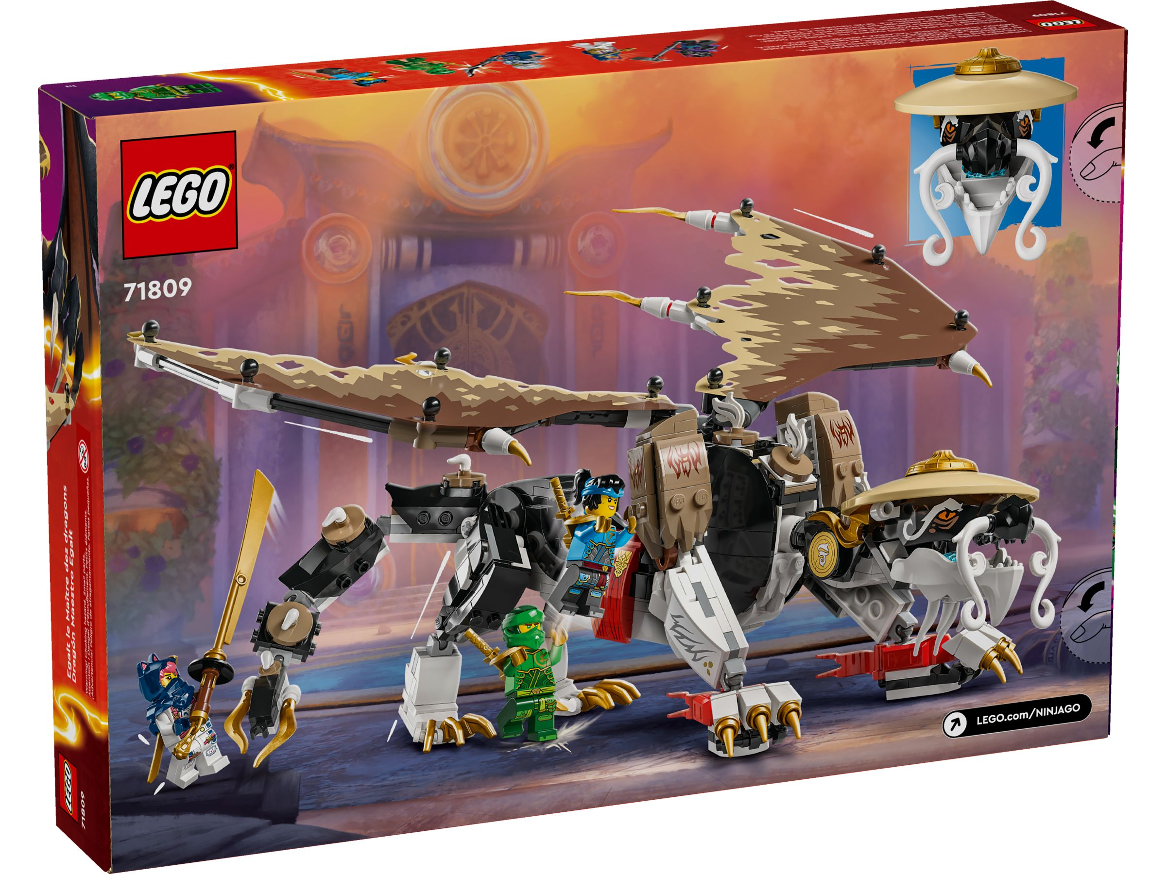 LEGO-Box-Set zeigt einen Drachen mit Minifiguren. Es zeigt einen Drachen, Charaktere und einen Tempel im Hintergrund.
