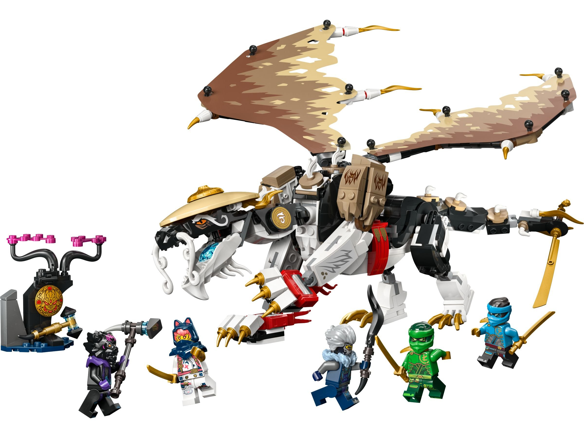 Lego-Set mit Drachen, Minifiguren und Zubehör. Drache ist weiß, schwarz und gold. Minifiguren sind in verschiedenen Farben.