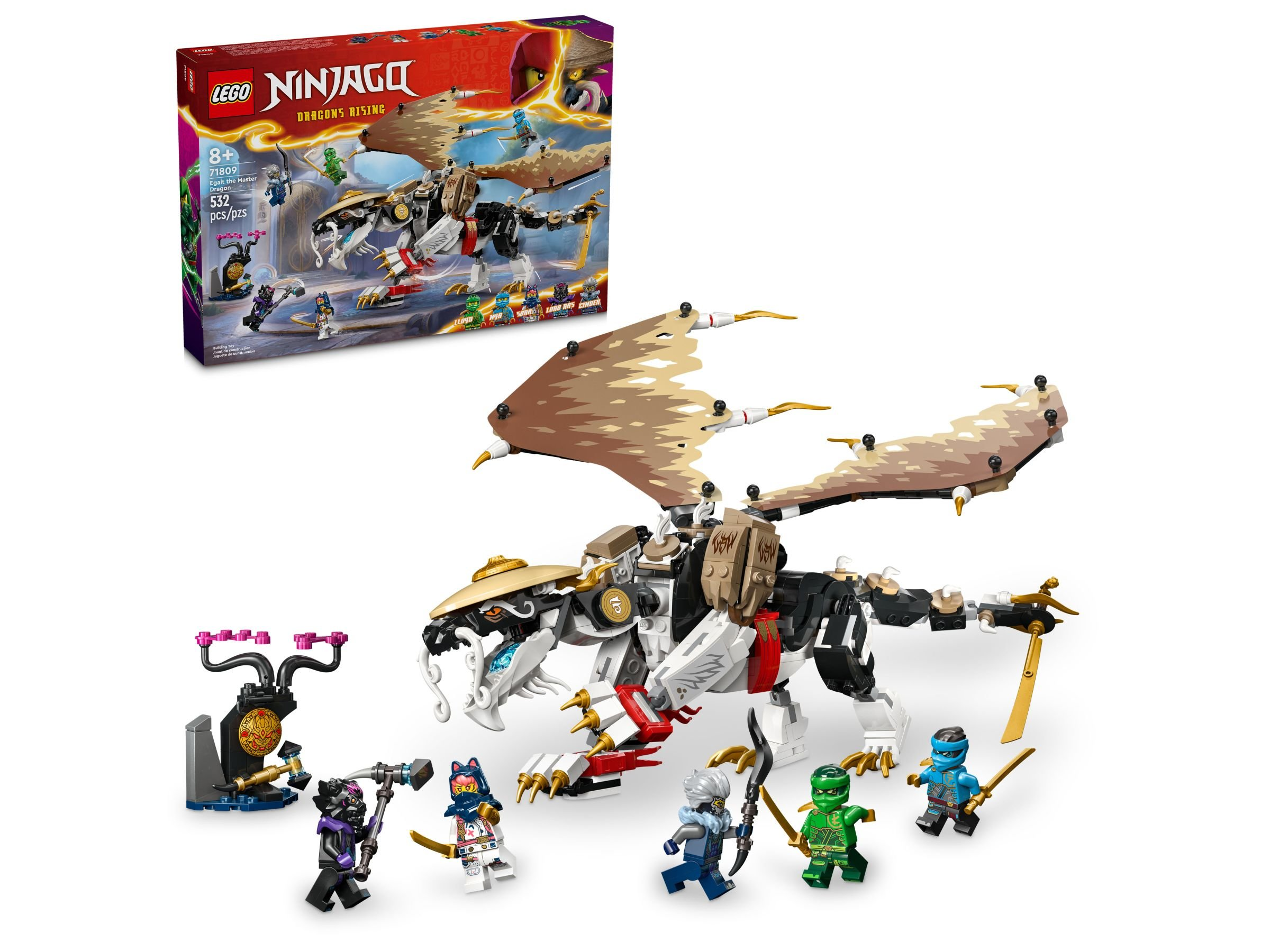 Ein LEGO Ninjago-Set mit einem Drachen und mehreren Minifiguren. Die Box befindet sich oben links.