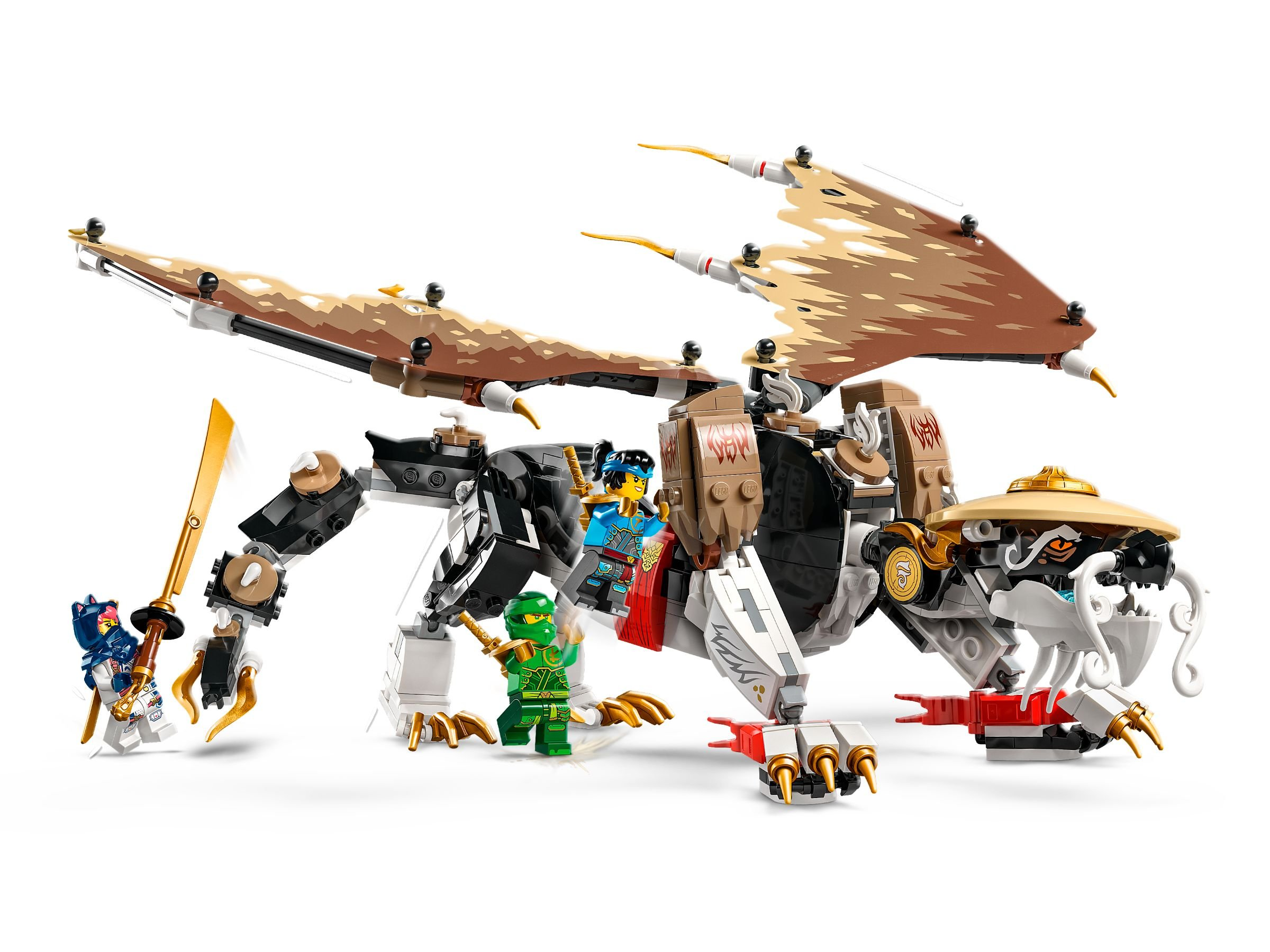 Ein Lego-Drachenspielzeug mit Minifiguren. Der Drache ist weiß, schwarz und goldfarben. Minifiguren kämpfen mit Schwertern.