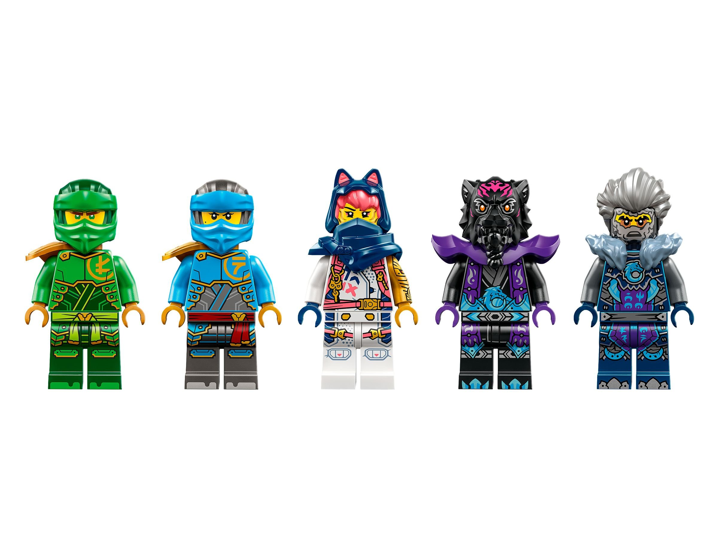 Fünf Lego Ninjago-Charaktere sind aufgereiht. Jeder ist ein anderer Ninja. Sie sind auf weißem Hintergrund.