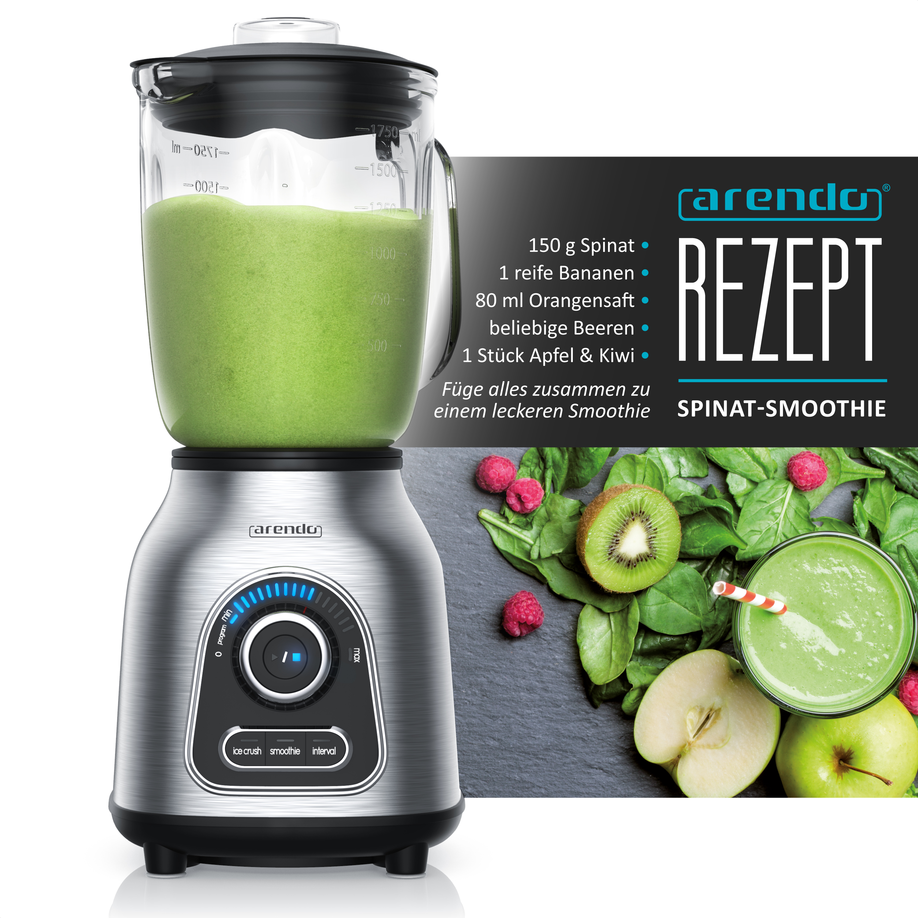 Ein Mixer mit grünem Smoothie und Zutaten. Rezept enthält Spinat, Banane, Orangensaft, Beeren, Apfel und Kiwi.