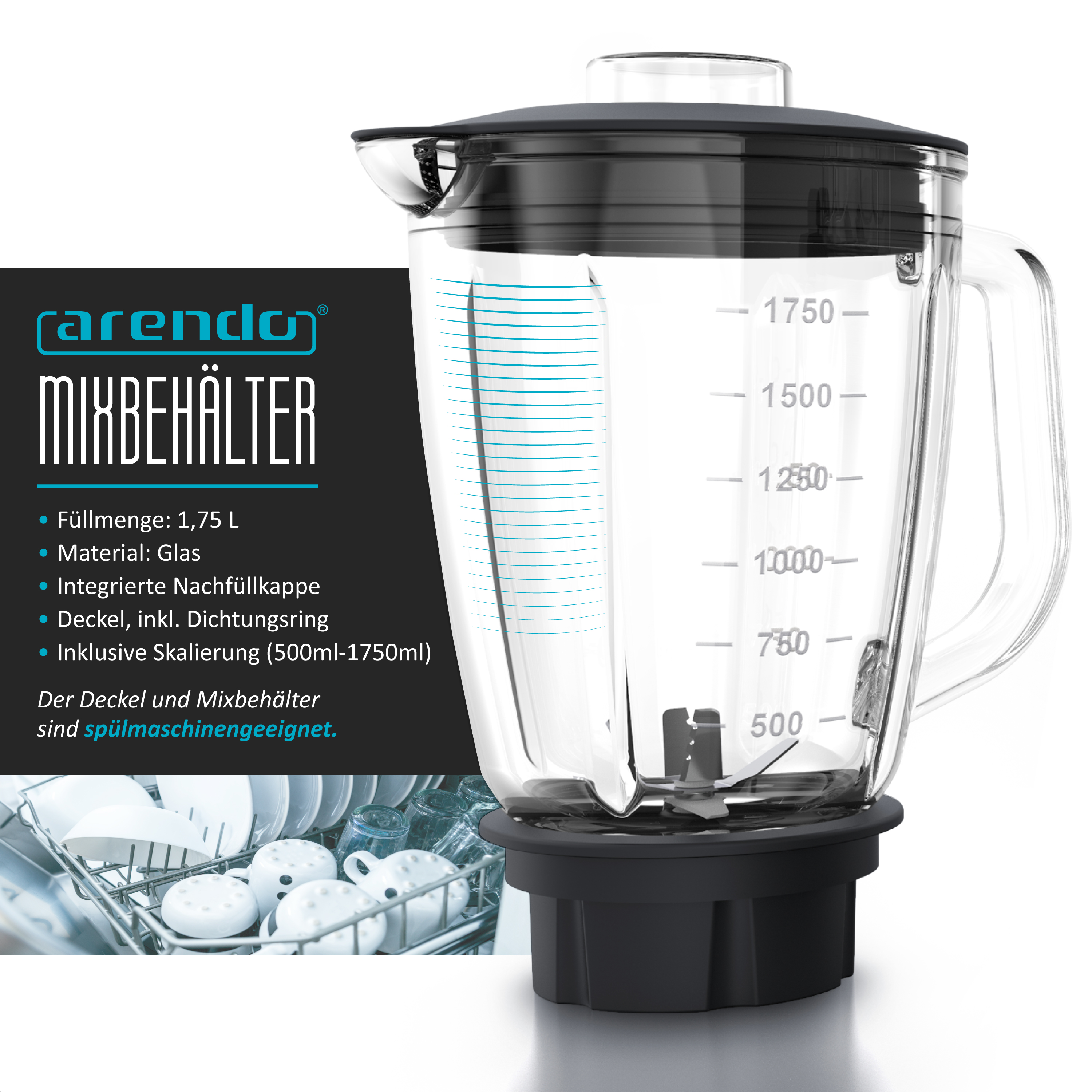 Ein Mixer mit Glasbehälter, schwarzem Deckel und Messungen. Geschirr im Hintergrund.