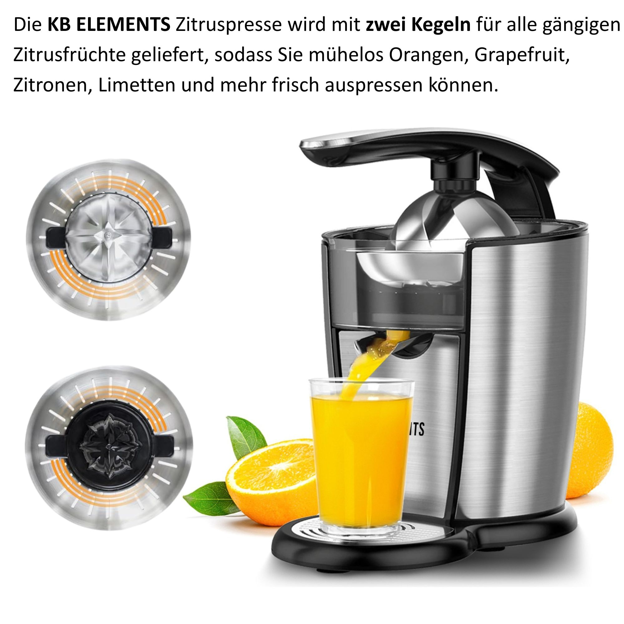 Eine Zitruspresse mit Orangensaft, der in ein Glas gegossen wird. Orangen und Teile der Presse sind ebenfalls zu sehen.