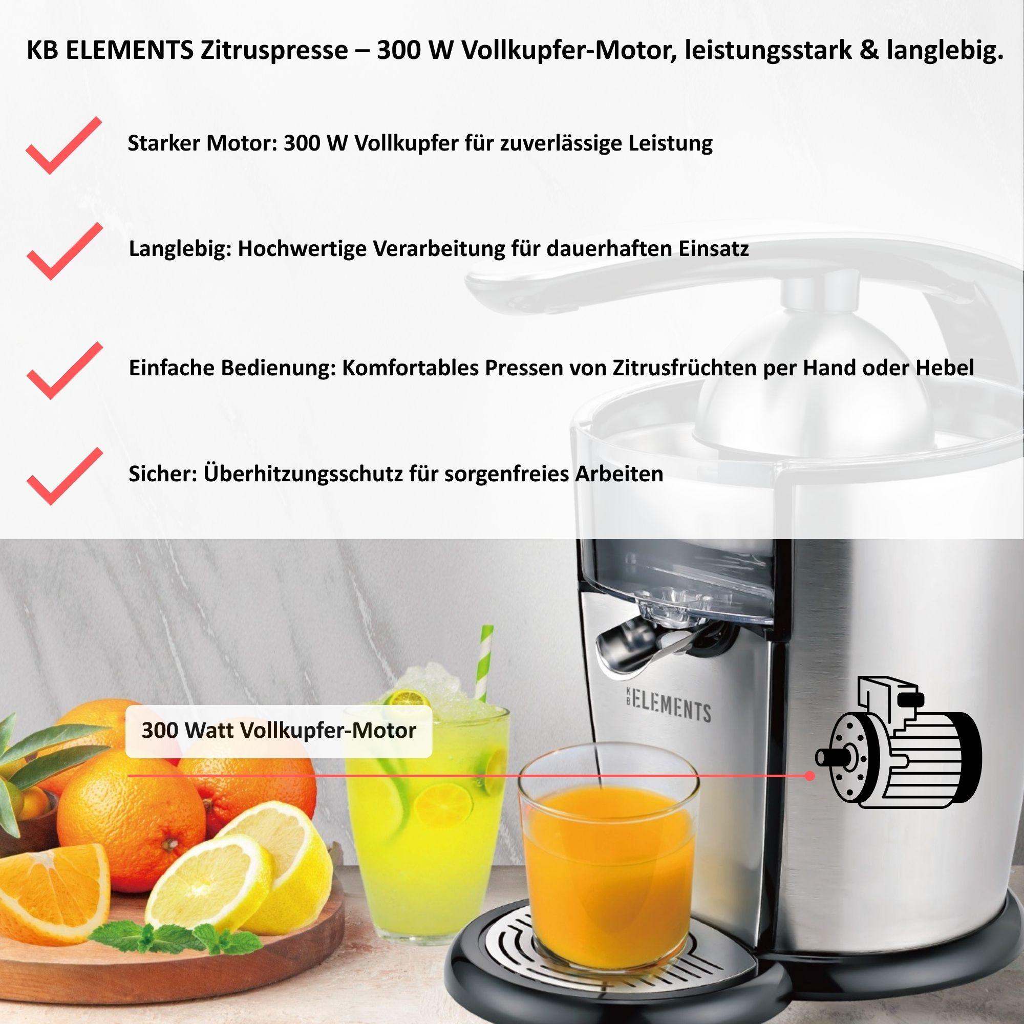 Zitruspresse mit Orangen, Zitronen und Getränken. Merkmale sind ein starker Motor und einfache Bedienung.