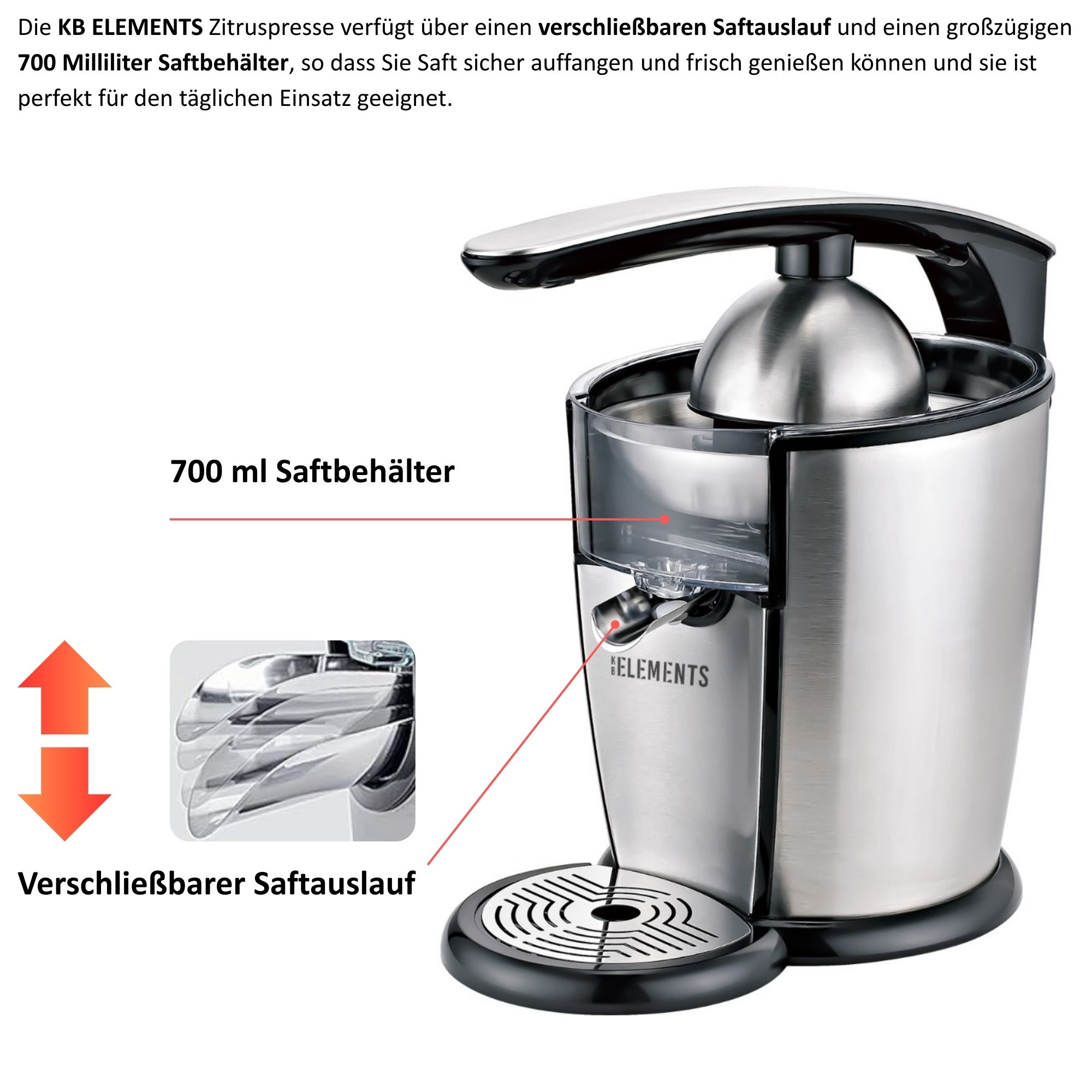 Eine Edelstahl-Entsafter mit schwarzem Sockel. Es hat einen Saftauslass und einen 700-ml-Saftbehälter.