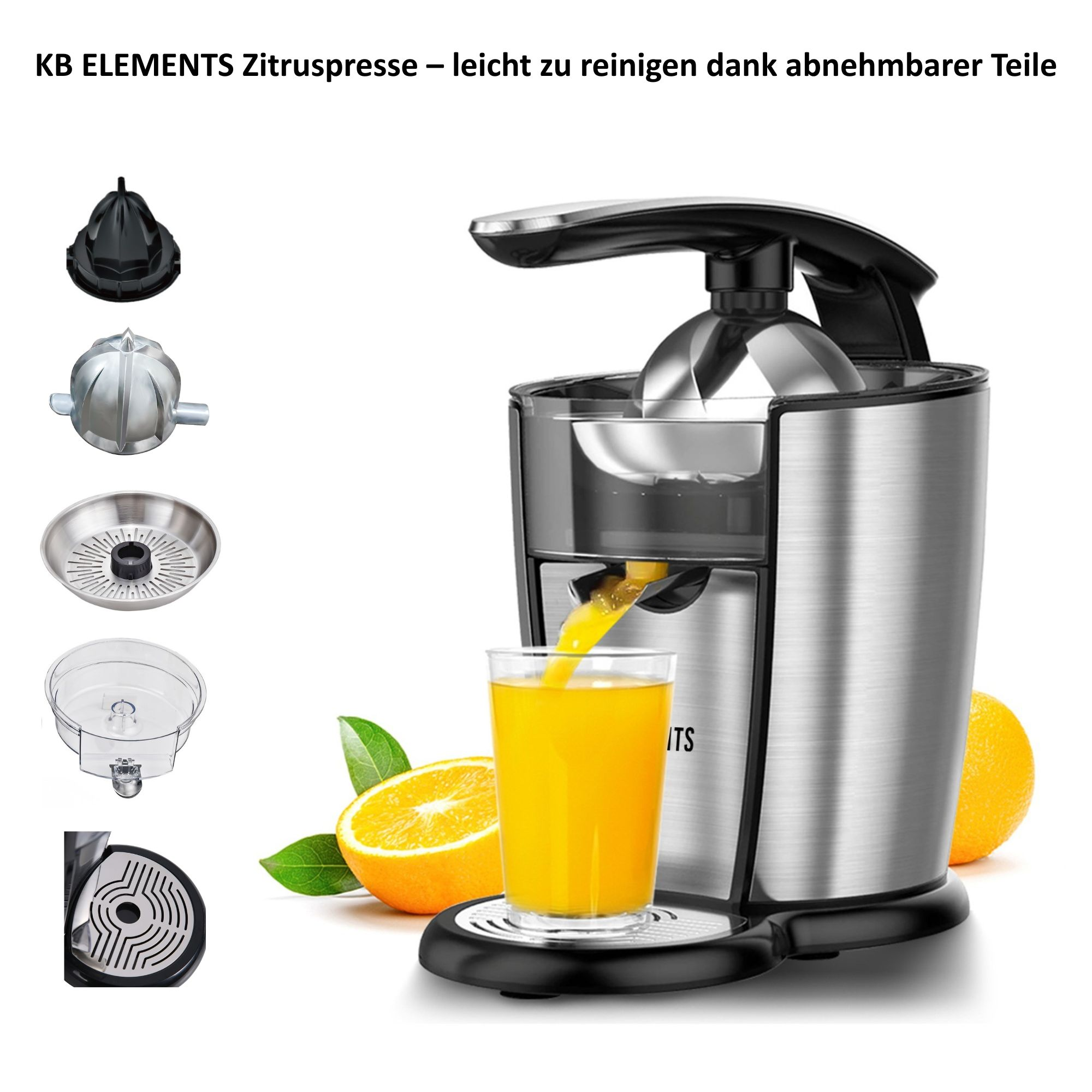 Eine Zitruspresse mit ausgelegten Komponenten. Orangensaft fließt in ein Glas, daneben eine Orange und Blätter.