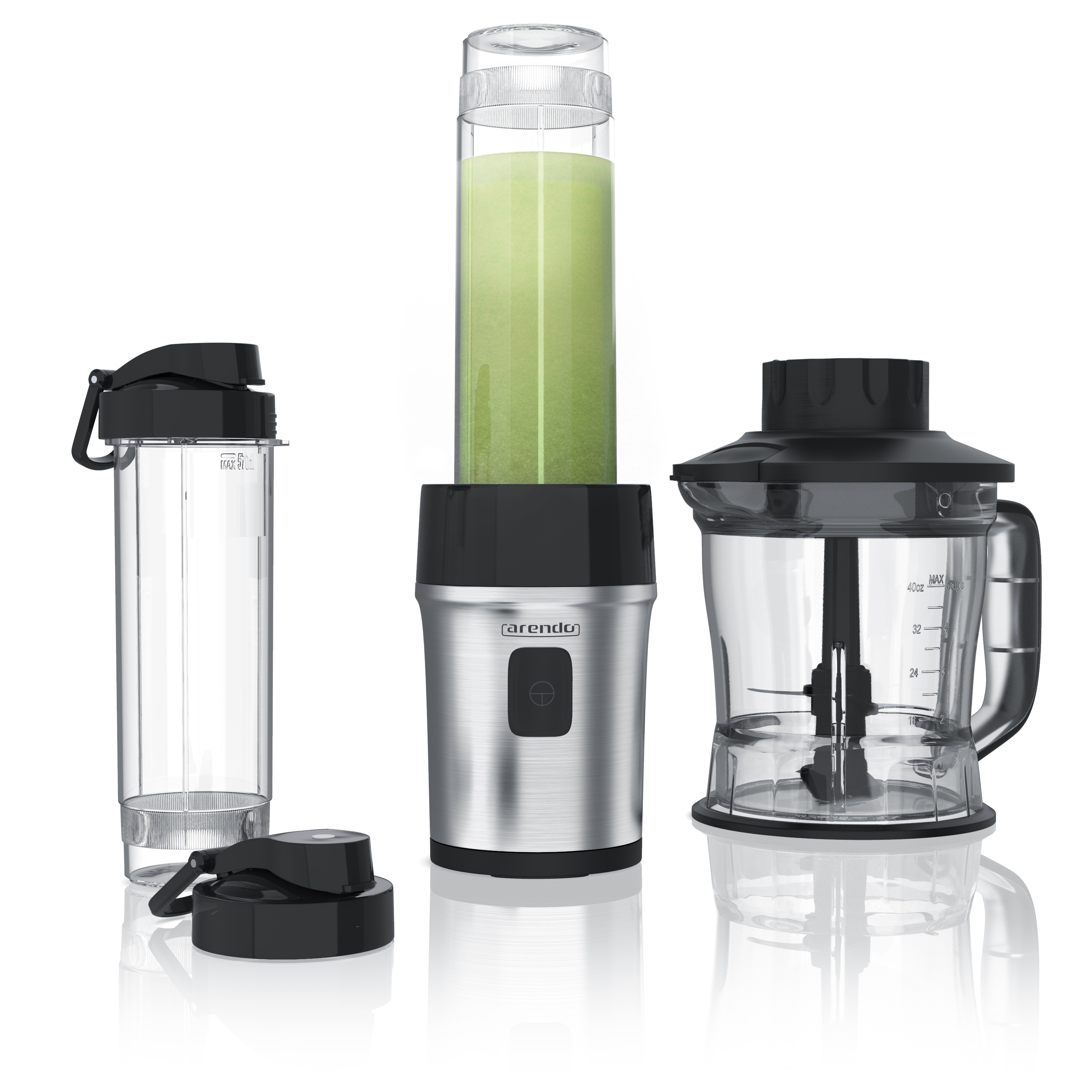 Ein Mixer-Set mit mehreren Komponenten: ein gefüllter Behälter, ein leerer, eine Basis und ein Food-Prozessor.