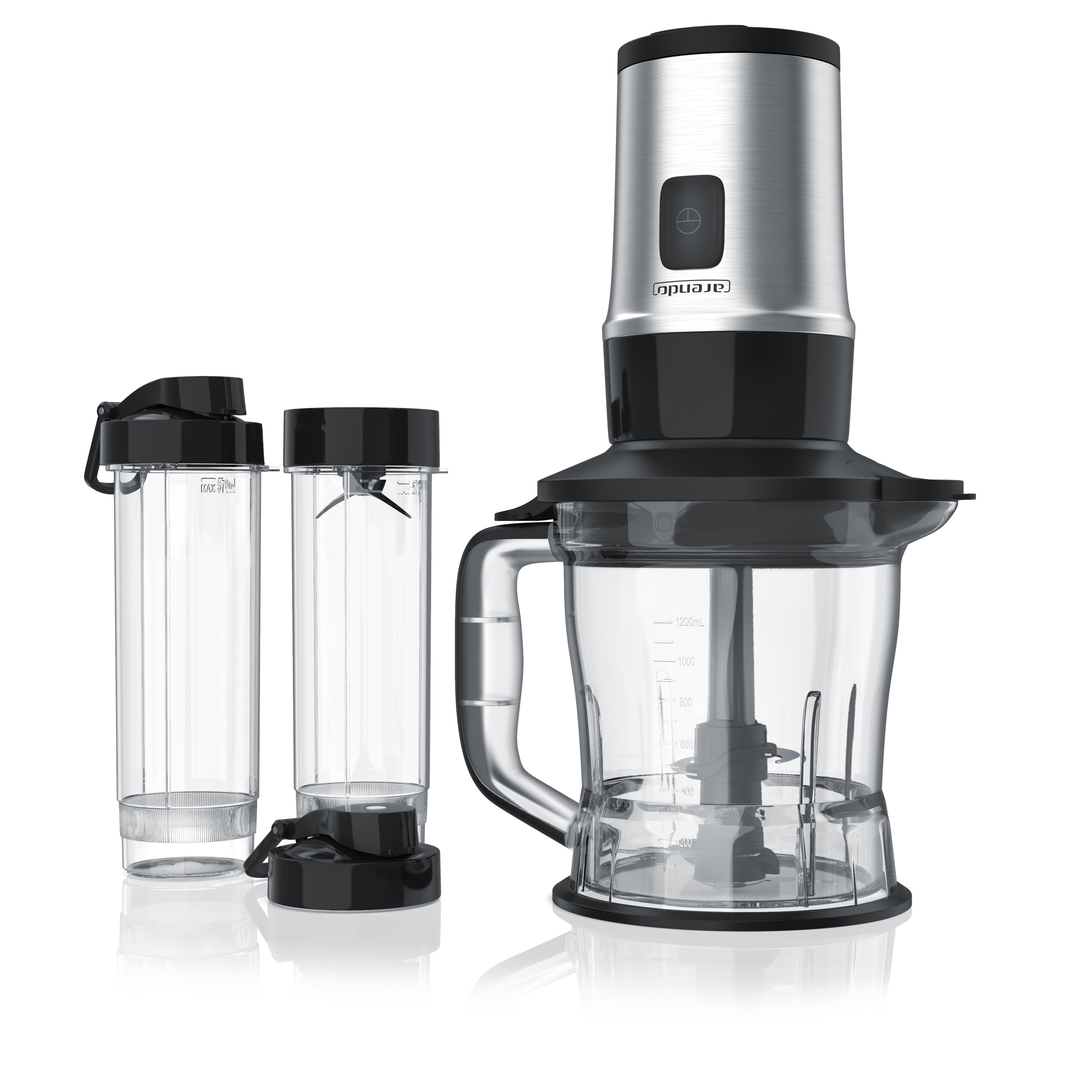 Ein Mixer mit zwei transparenten Behältern und einer hohen, metallischen Motorbasis auf weißer Oberfläche.