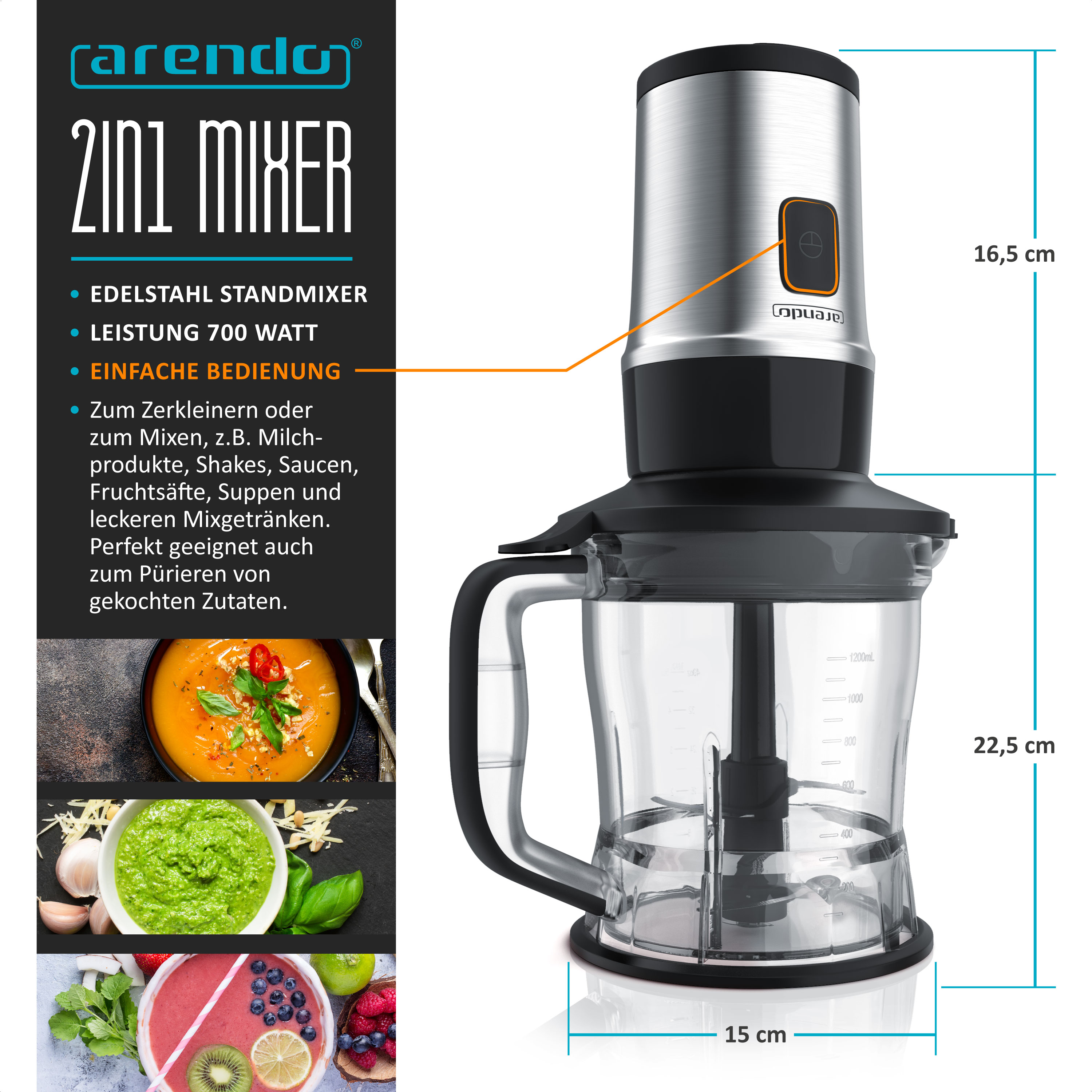 Ein 2-in-1-Mixer mit Edelstahlgehäuse. Das Bild zeigt den Mixer, Zutaten und die Verpackung.