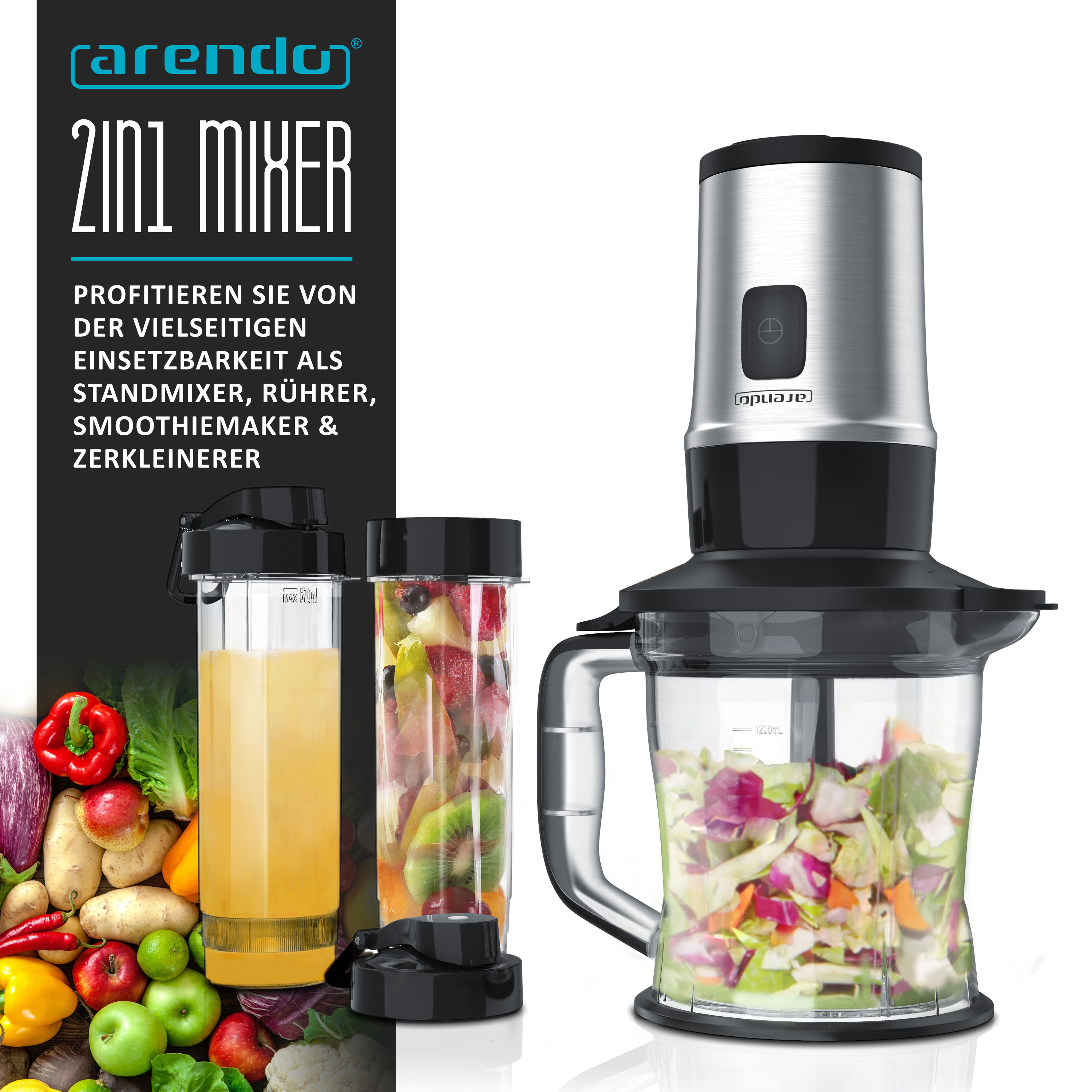 Ein 2-in-1-Mixer mit drei Behältern, Früchten, Gemüse und einem Saftbehälter sind sichtbar, mit Früchten und Gemüse im Hintergrund.